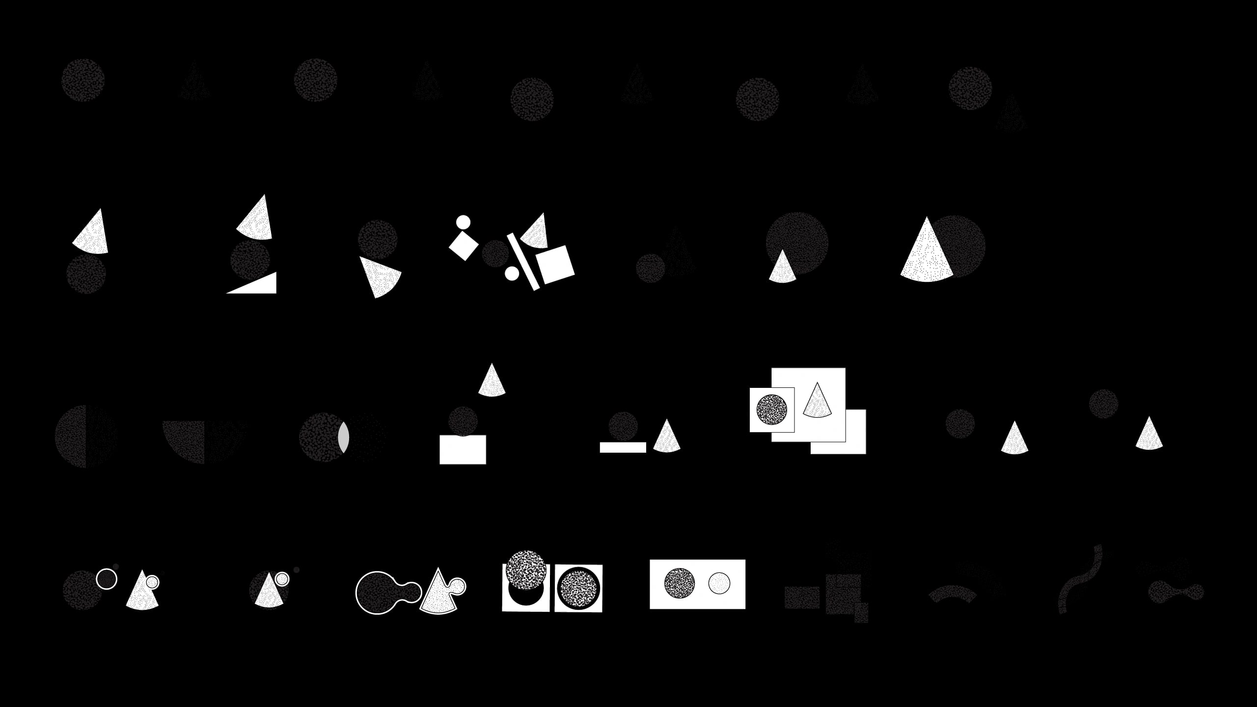 A sheet of balance studies pairing a textured sphere with a cone across seesaws, stacks and overlaps, each variant labelled