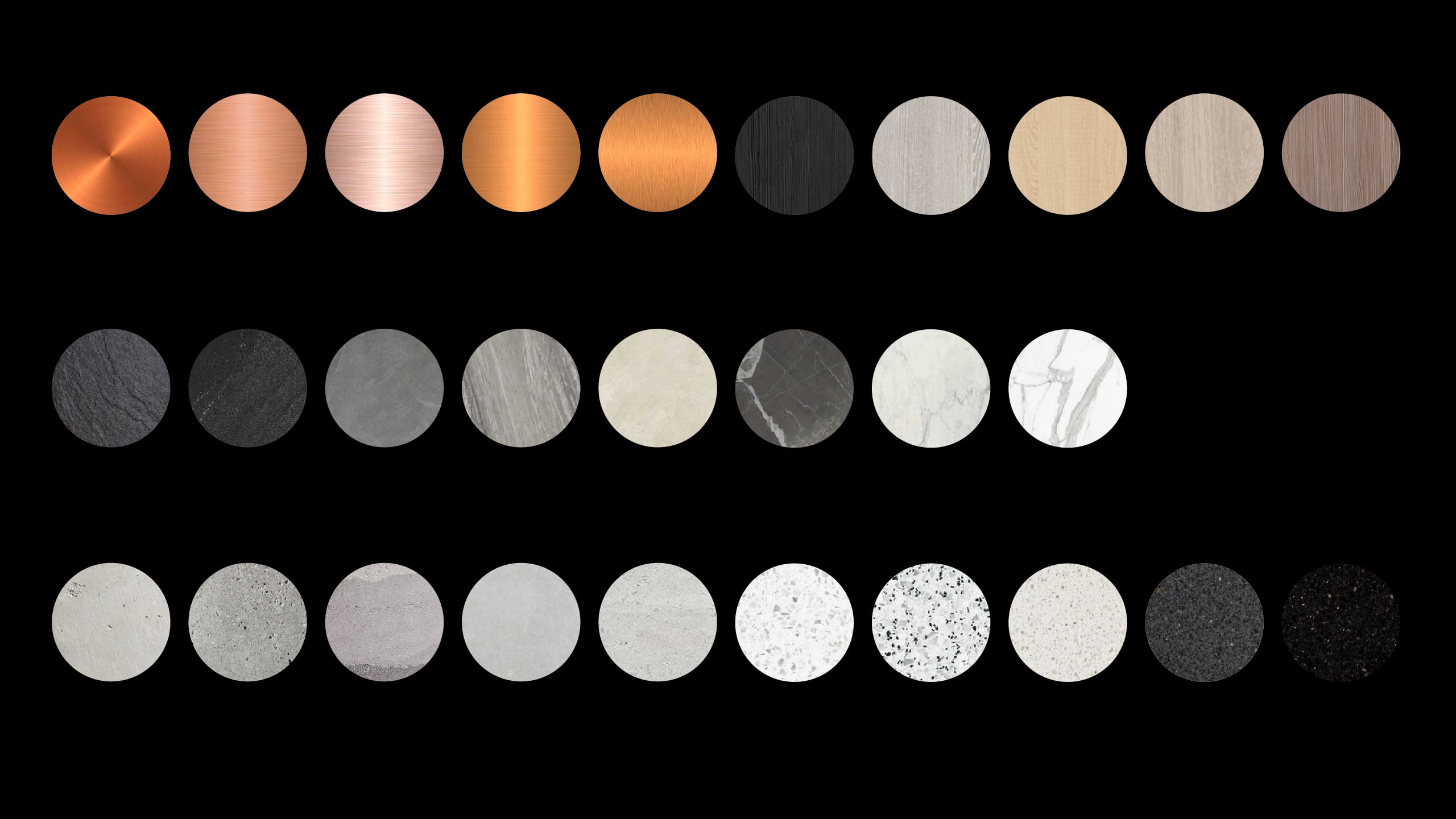 Material research as a grid of circular swatches, covering copper, wood, stone, marble, concrete and patterned terrazzo