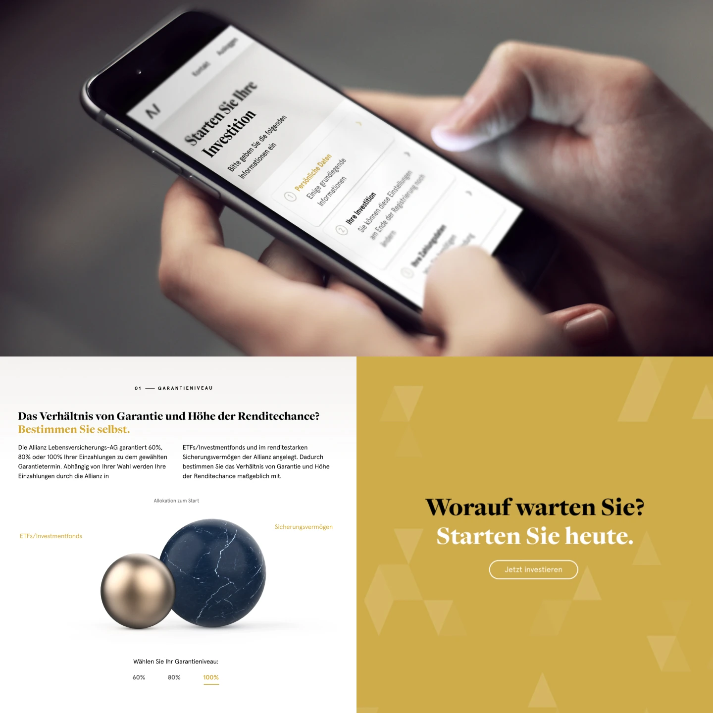 A hand holding the phone through the Starten Sie Ihre Investition flow, above the guarantee explainer and the gold closing panel Worauf warten Sie?