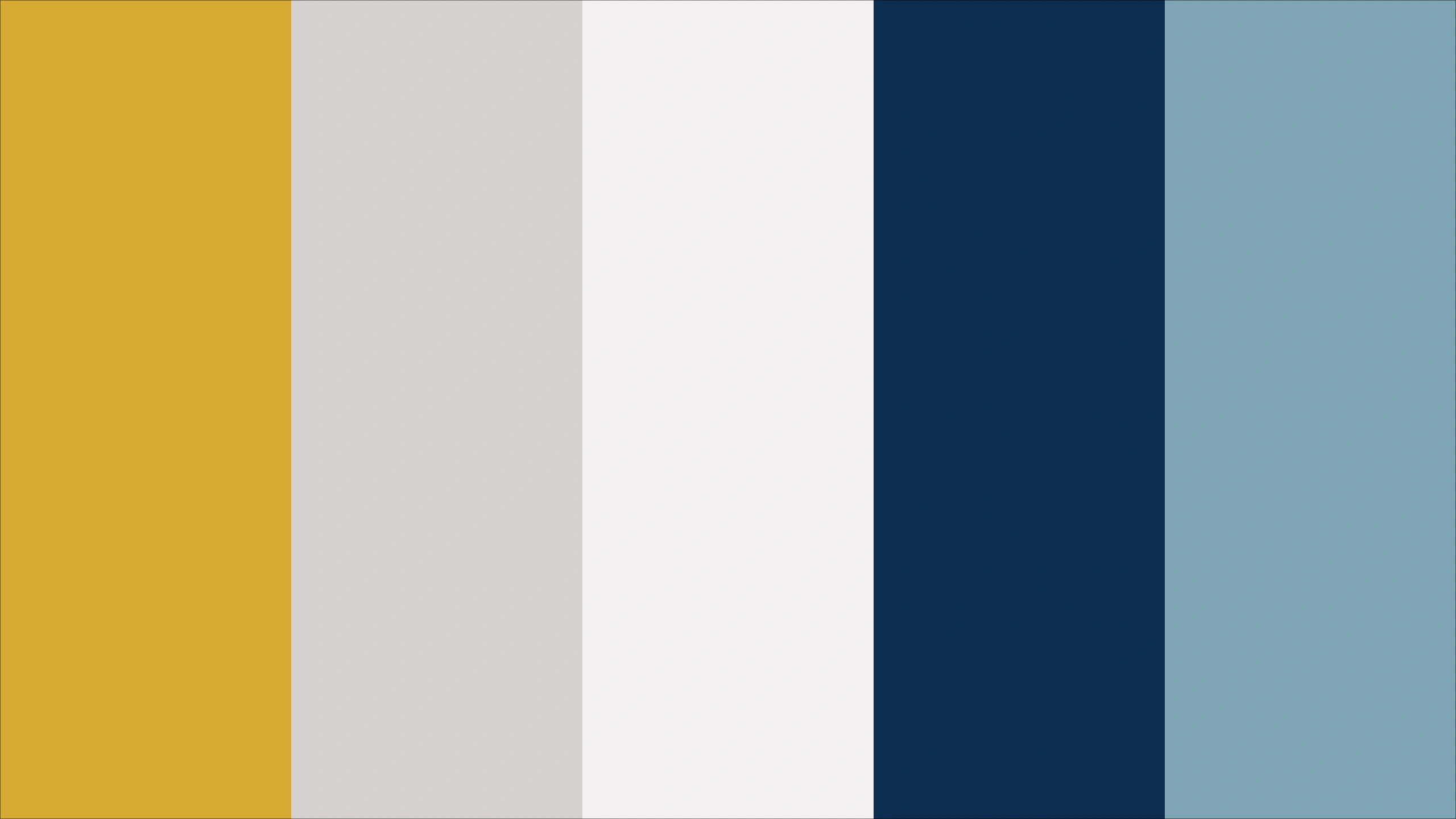 The primary palette as five vertical bands: gold, warm grey, off-white, deep navy and slate blue