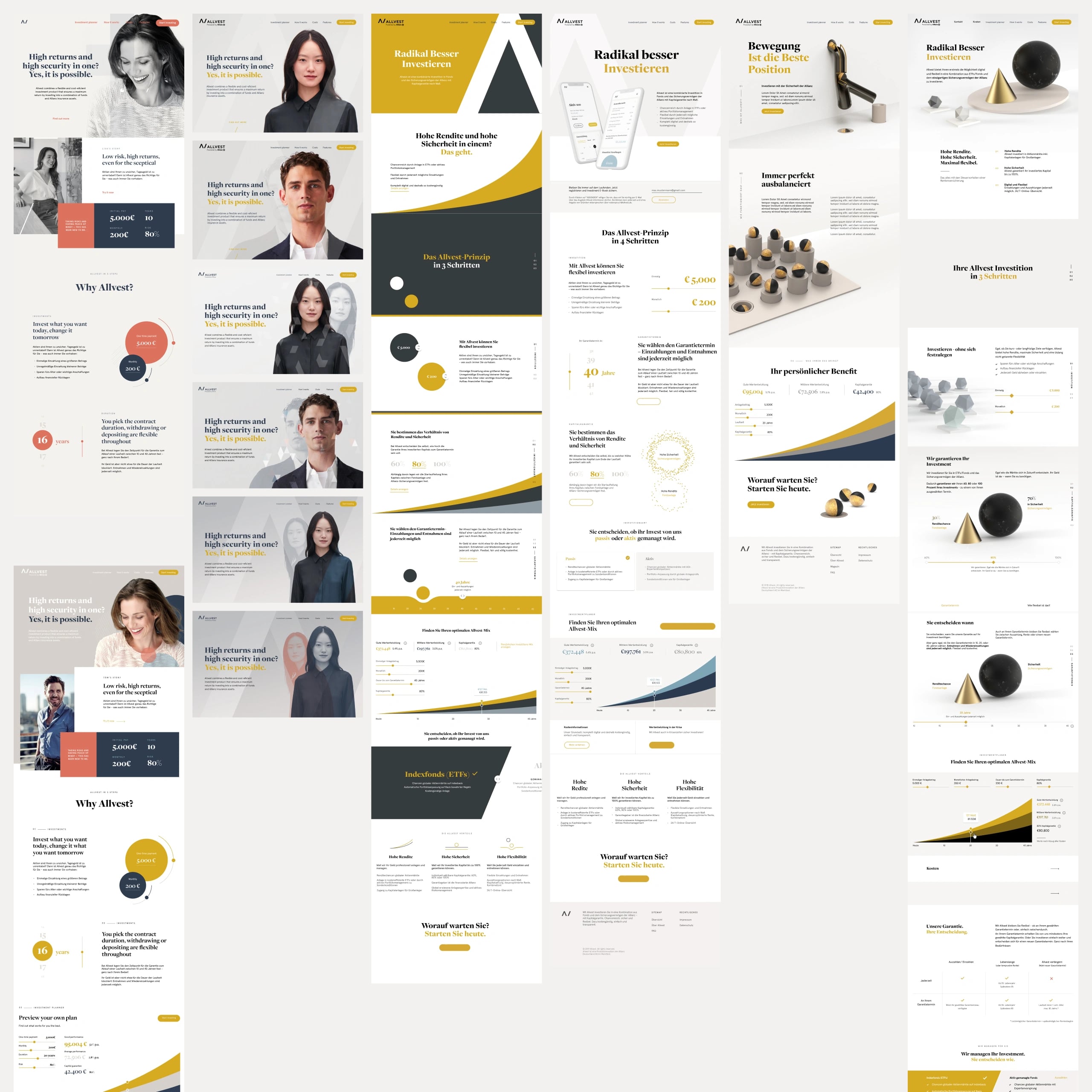 Six full-length marketing page directions side by side, ranging from portrait-led layouts to gold geometry and 3D product stills