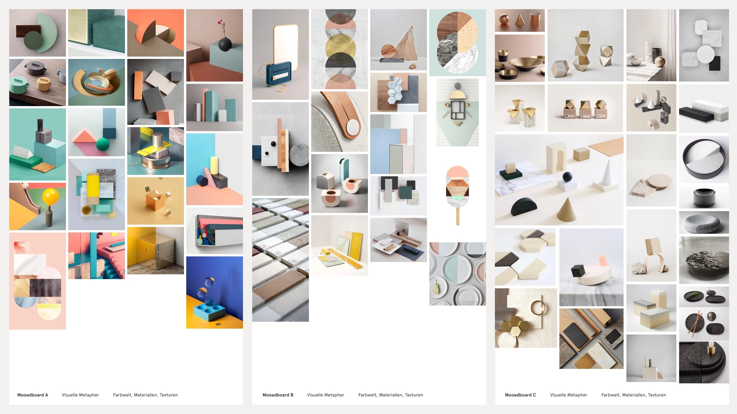 Three moodboards of visual metaphors, collecting still-life photography of geometric objects in colour, material and texture studies