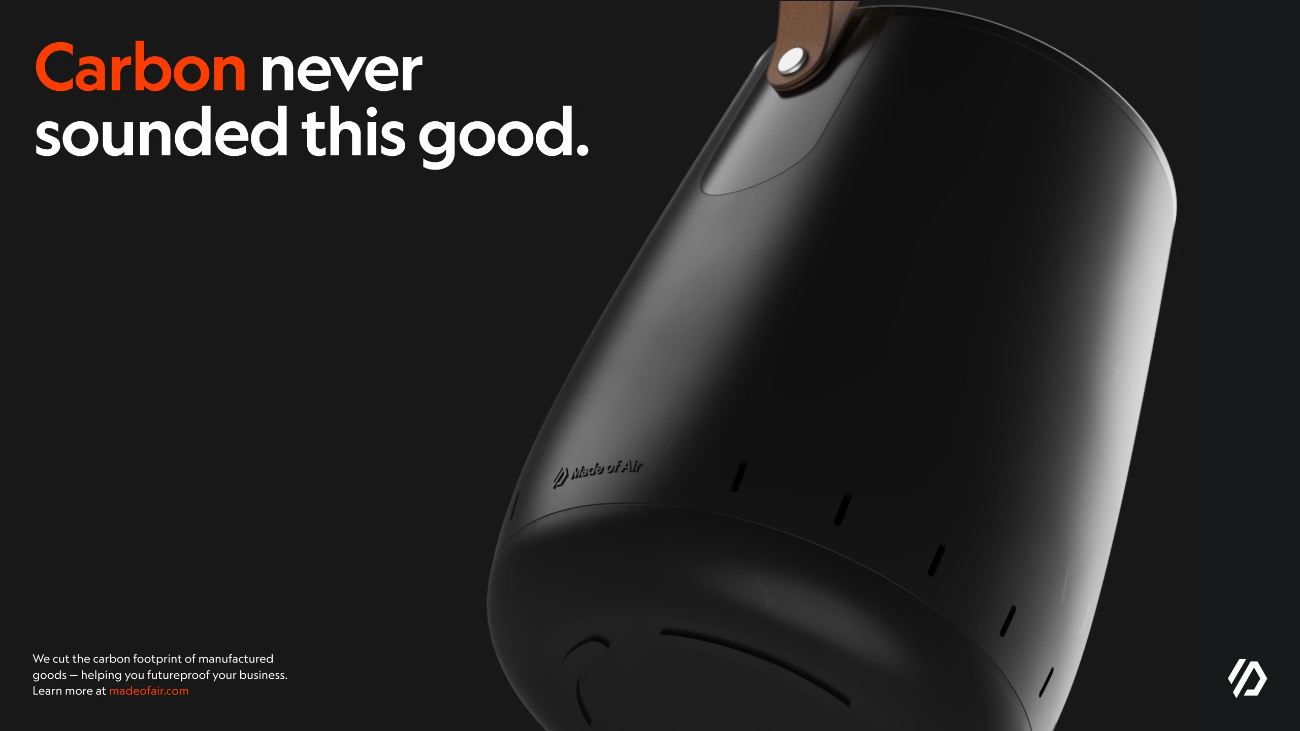 Advertisement reading Carbon never sounded this good, beside the rendered black speaker with its leather strap