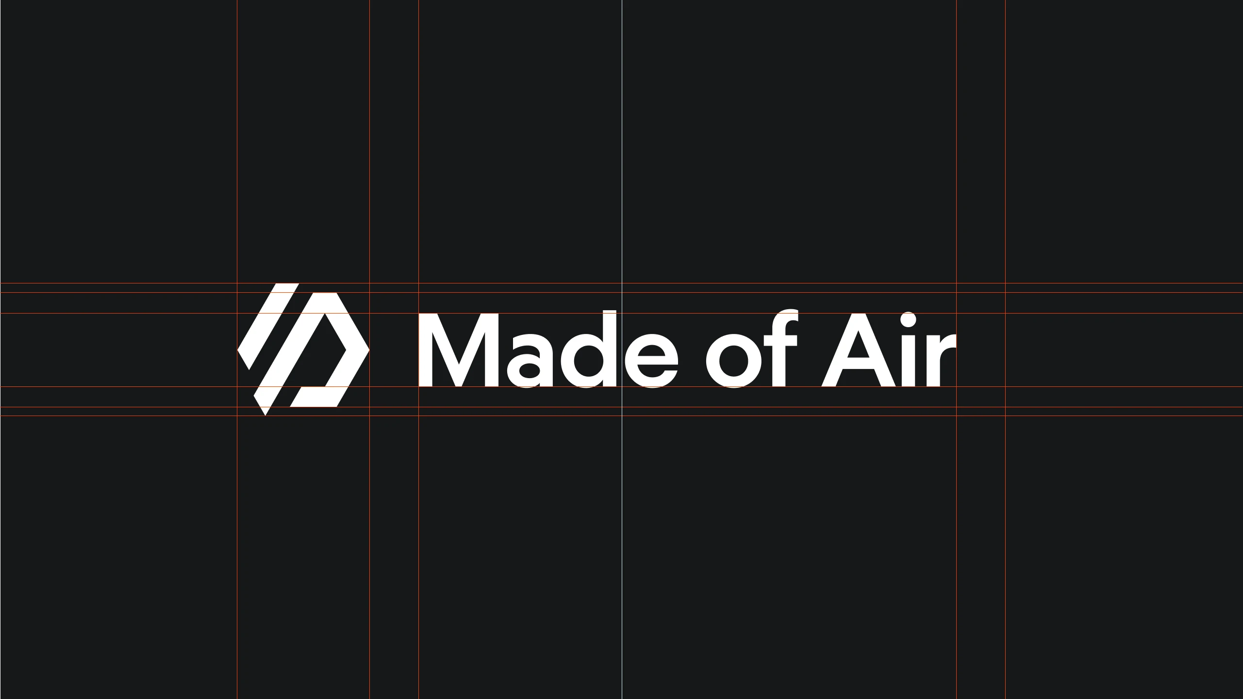 The Made of Air lockup in white on near-black with its construction guides showing the clear space around mark and wordmark