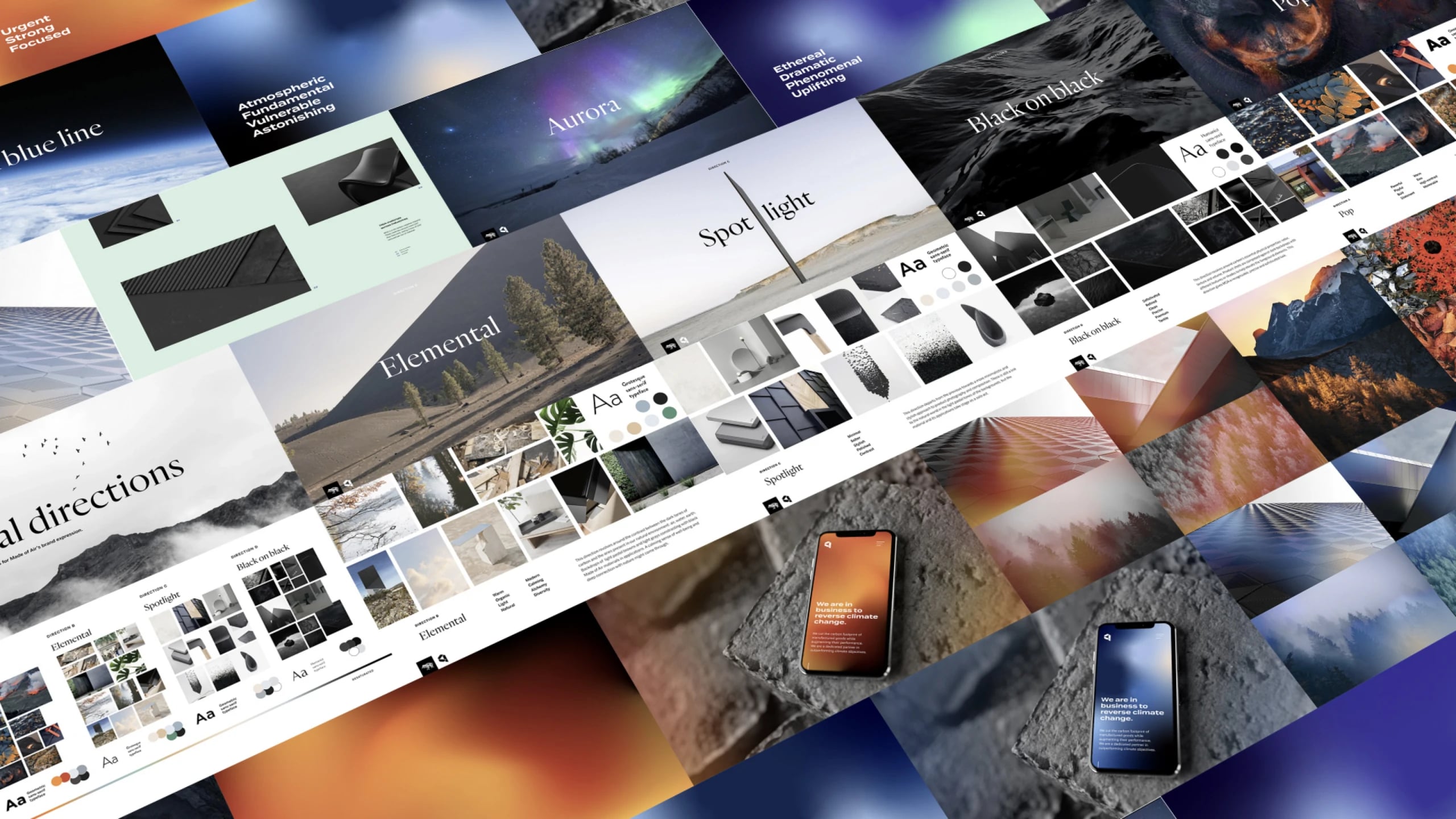 Visual direction boards seen at an angle, covering Blue Line, Elemental, Aurora, Spotlight and Black Coal Black, each with its own imagery, type and colour