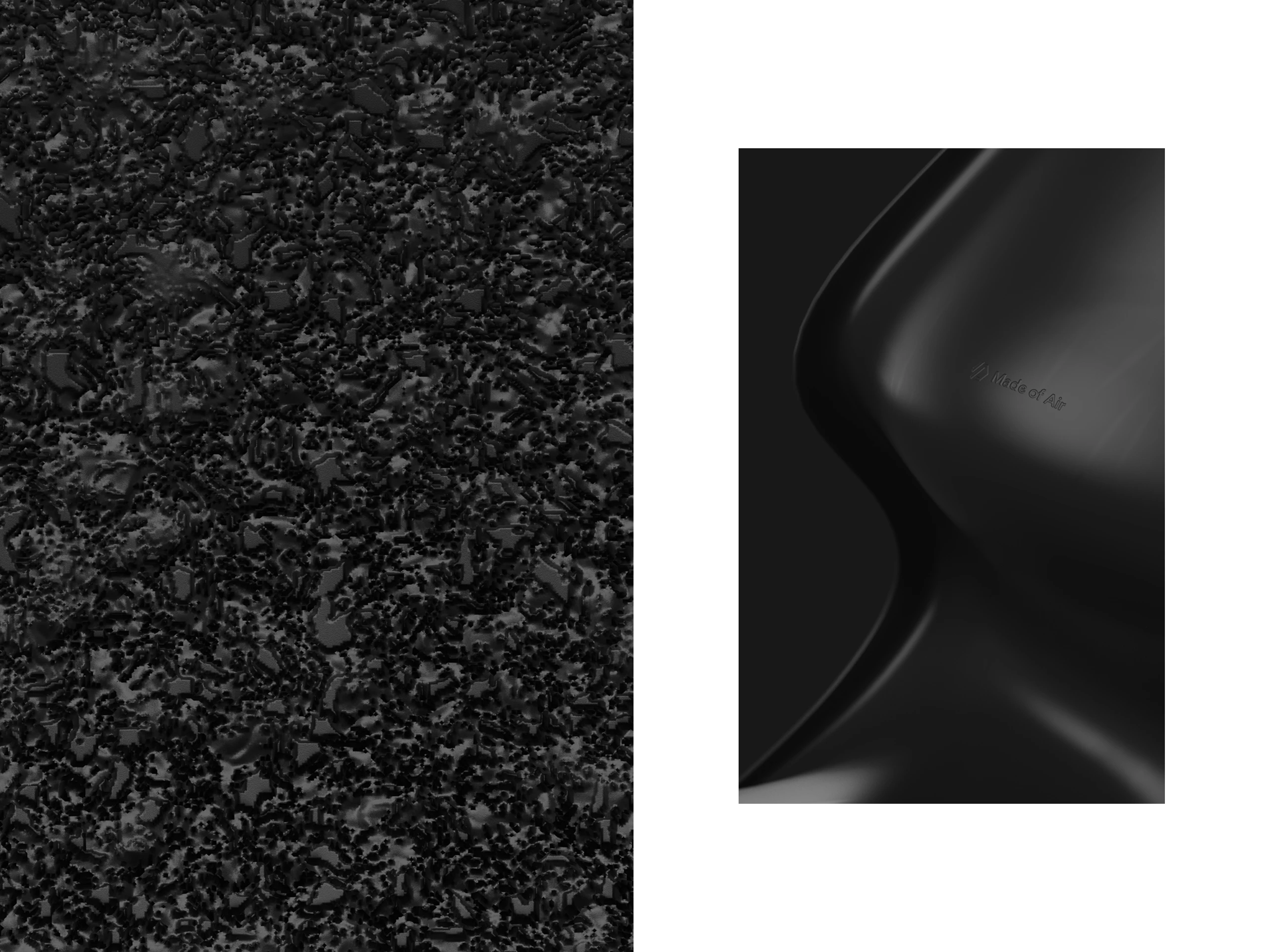 The material and the product: a full-frame texture of the black composite beside a rendered moulded form carrying the Made of Air mark