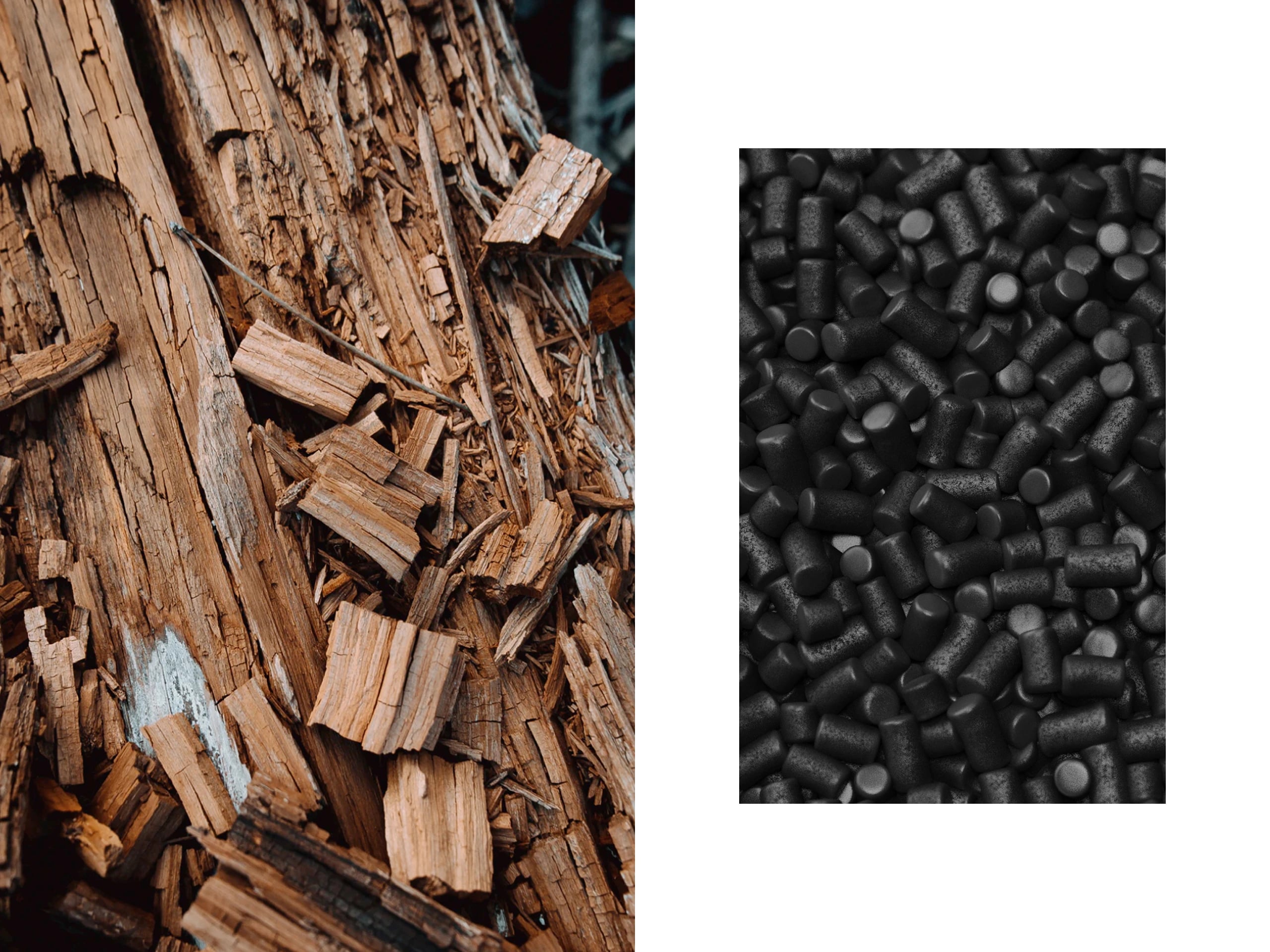 The raw input beside the finished one: a heap of wood chips facing a close-up of black carbon granules