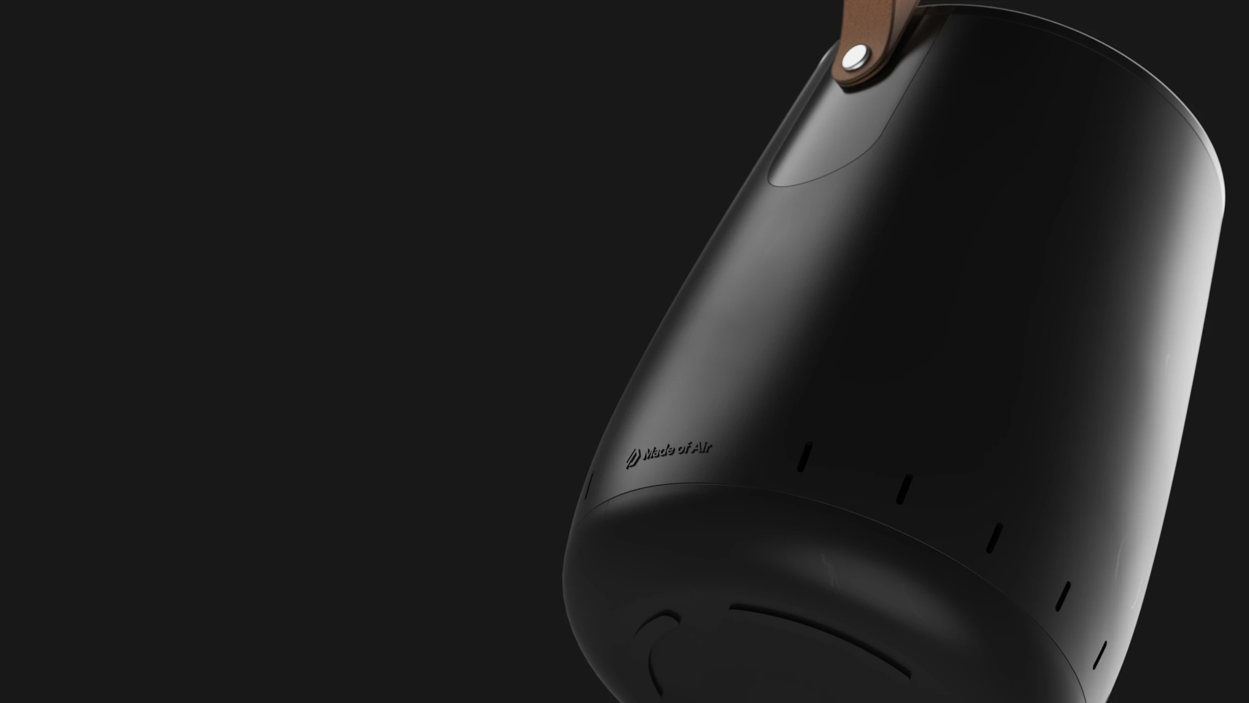 Rendered black portable speaker with a tan leather strap, hanging against a dark background