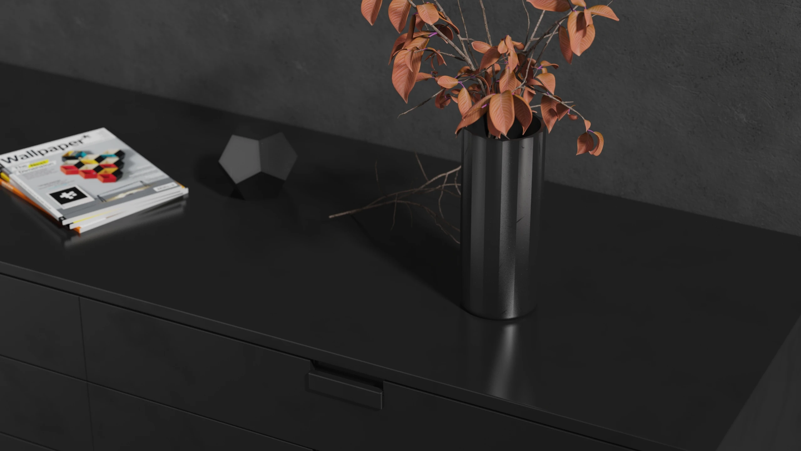 Rendered interior: a black cylindrical vase of autumn branches on a black sideboard, a Wallpaper magazine beside it
