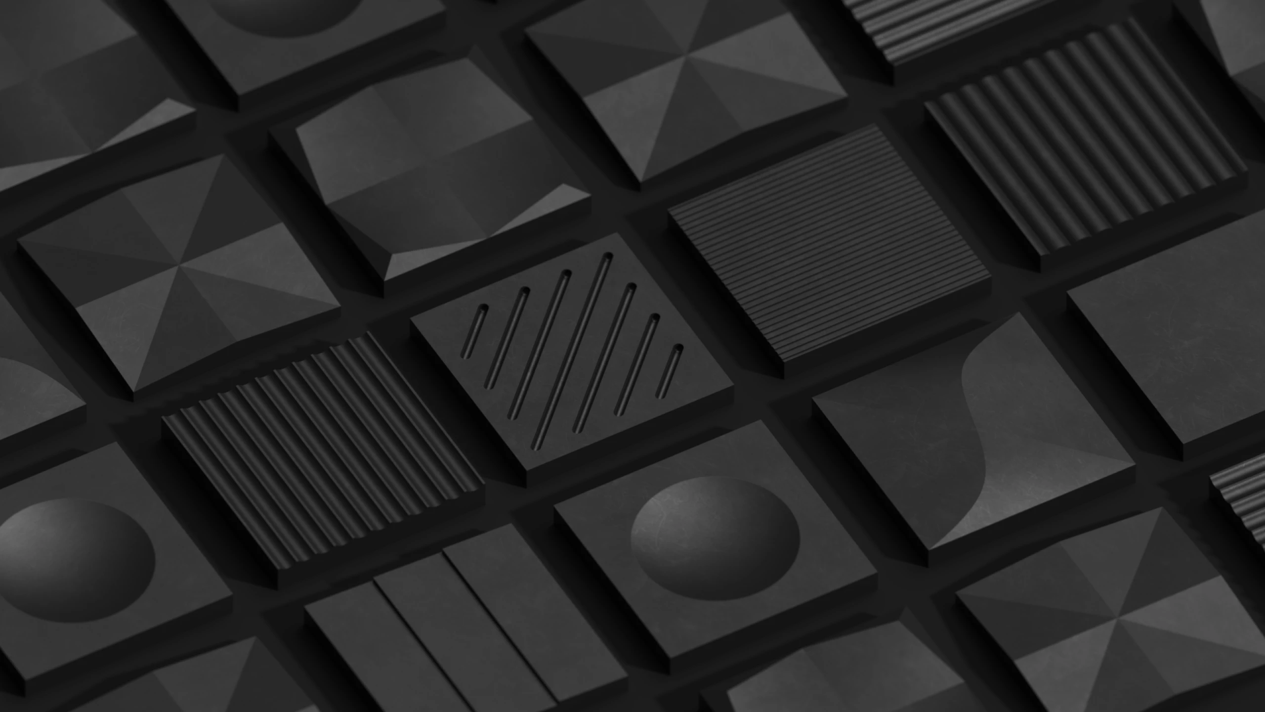 Rendered wall of black acoustic tiles in an angled grid, each with a different relief pattern of ridges, facets and domes