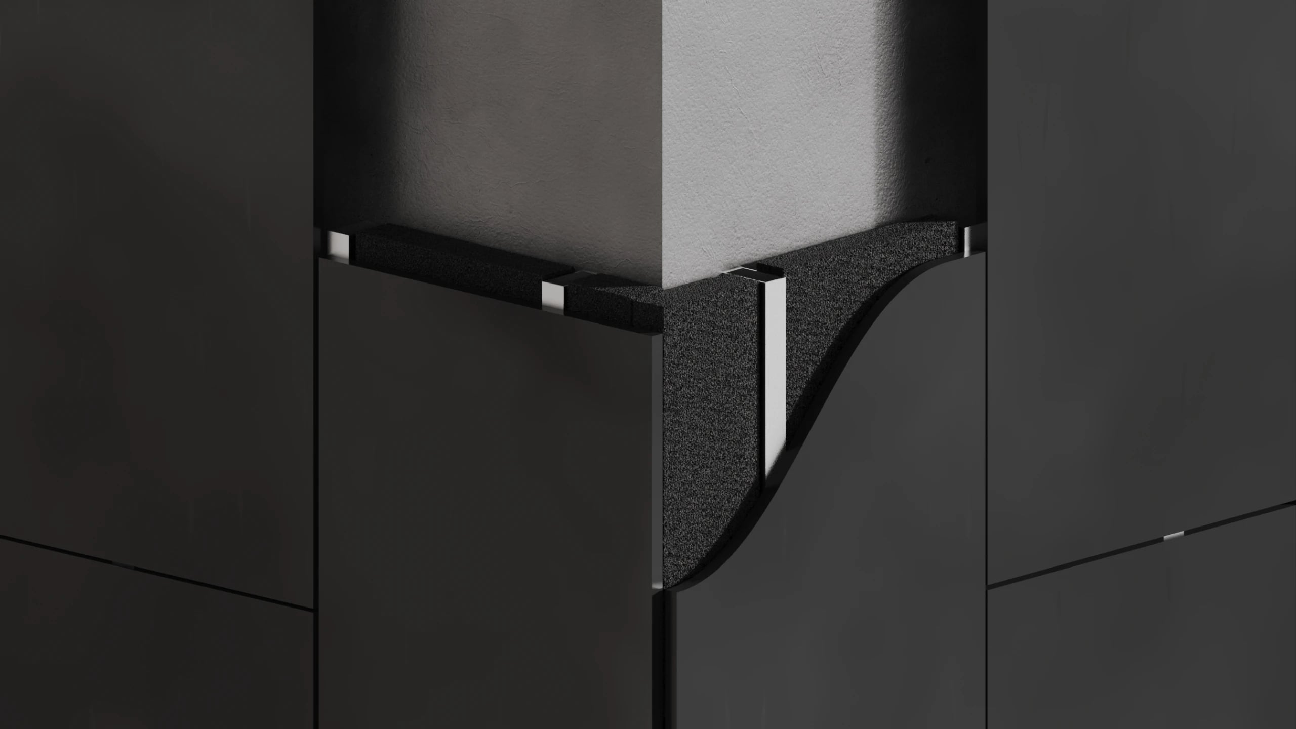 Rendered detail of a wall panel system in carbon-negative material, one corner splitting light and shadow across a curved reveal