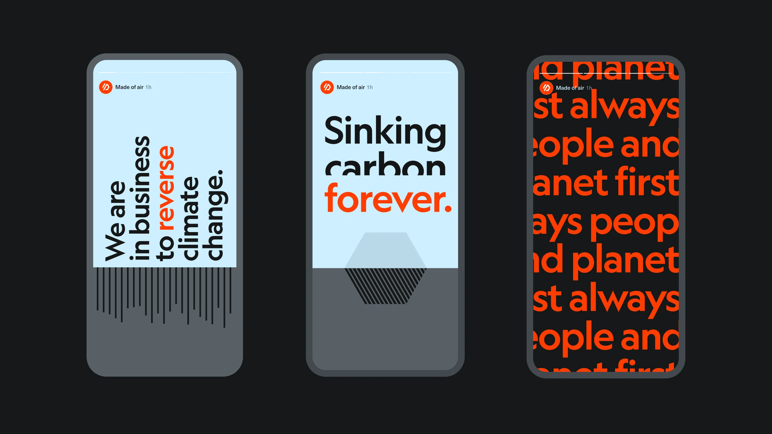 Three social posts on phones: We are in business to reverse climate change, Sinking carbon forever, and a full orange type panel repeating People and planet first, always