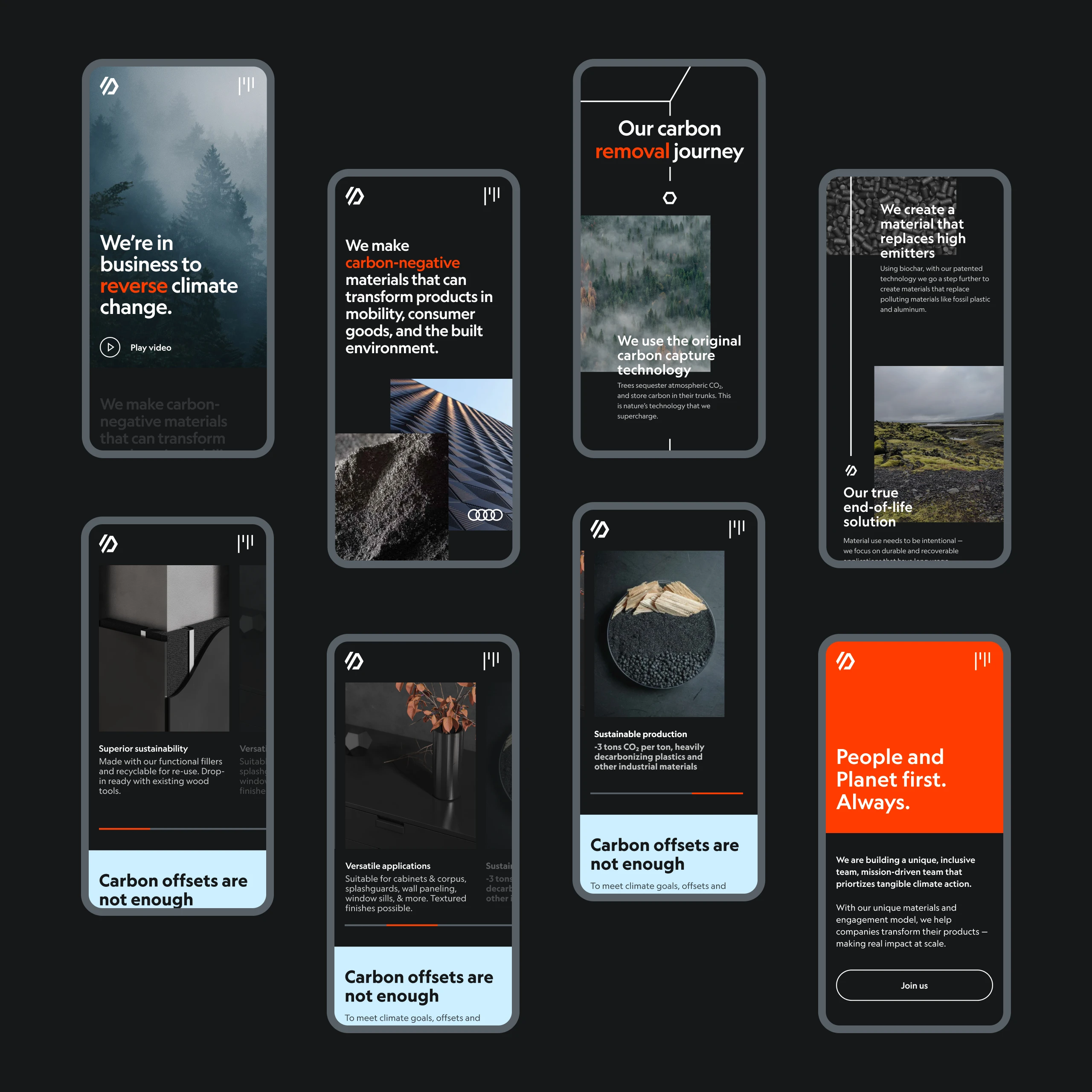 Eight mobile screens from the site, running from the hero through the carbon removal journey and material applications to the People and Planet first panel
