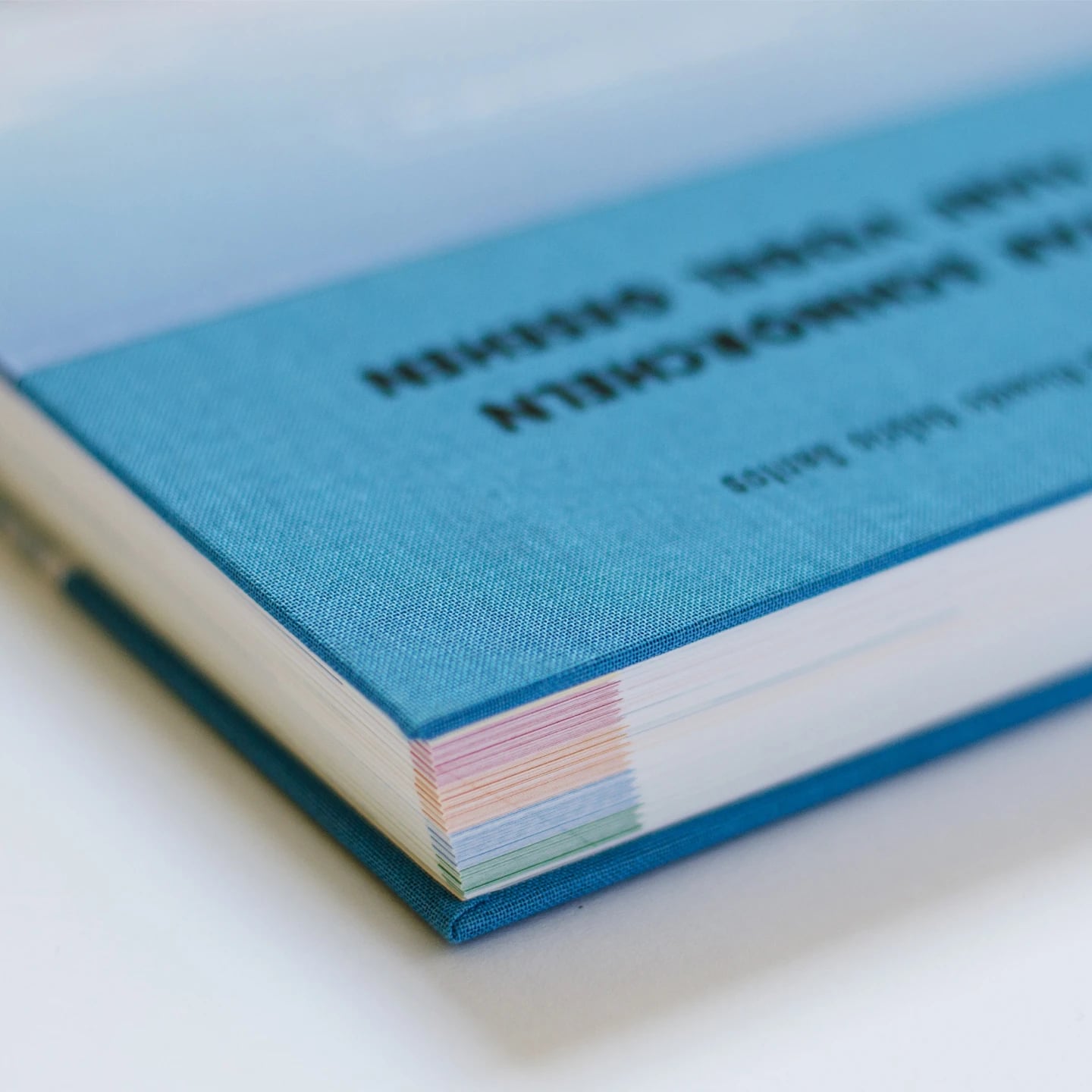 Close-up of the book's corner, the teal cloth binding meeting a block of pastel-coloured section edges