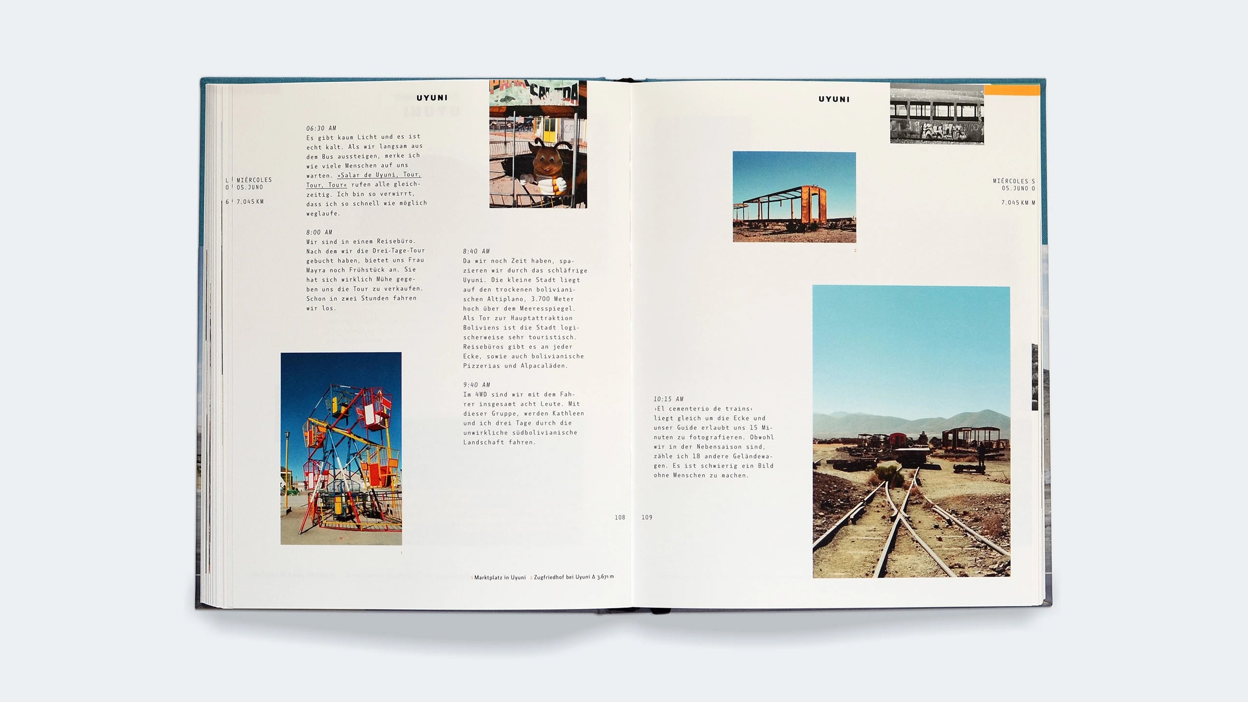 Open spread on Uyuni, timestamped entries running alongside photographs of a fairground, a market hall and an abandoned railway