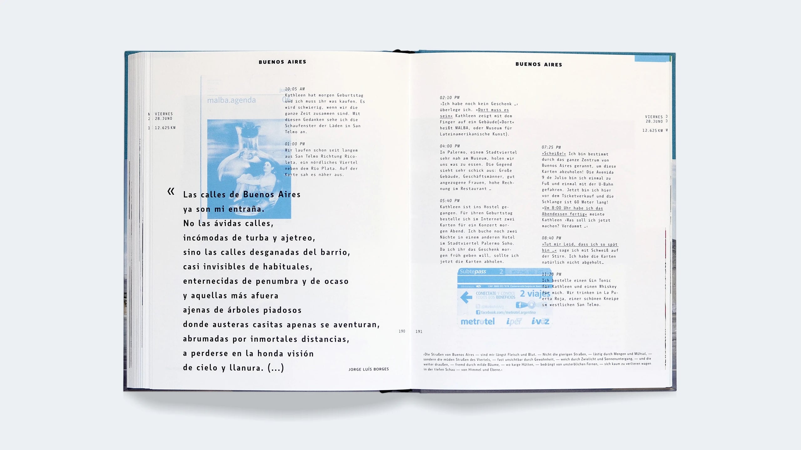 Open spread on Buenos Aires, a Jorge Luis Borges poem set beside diary entries and blue-tinted images of the city
