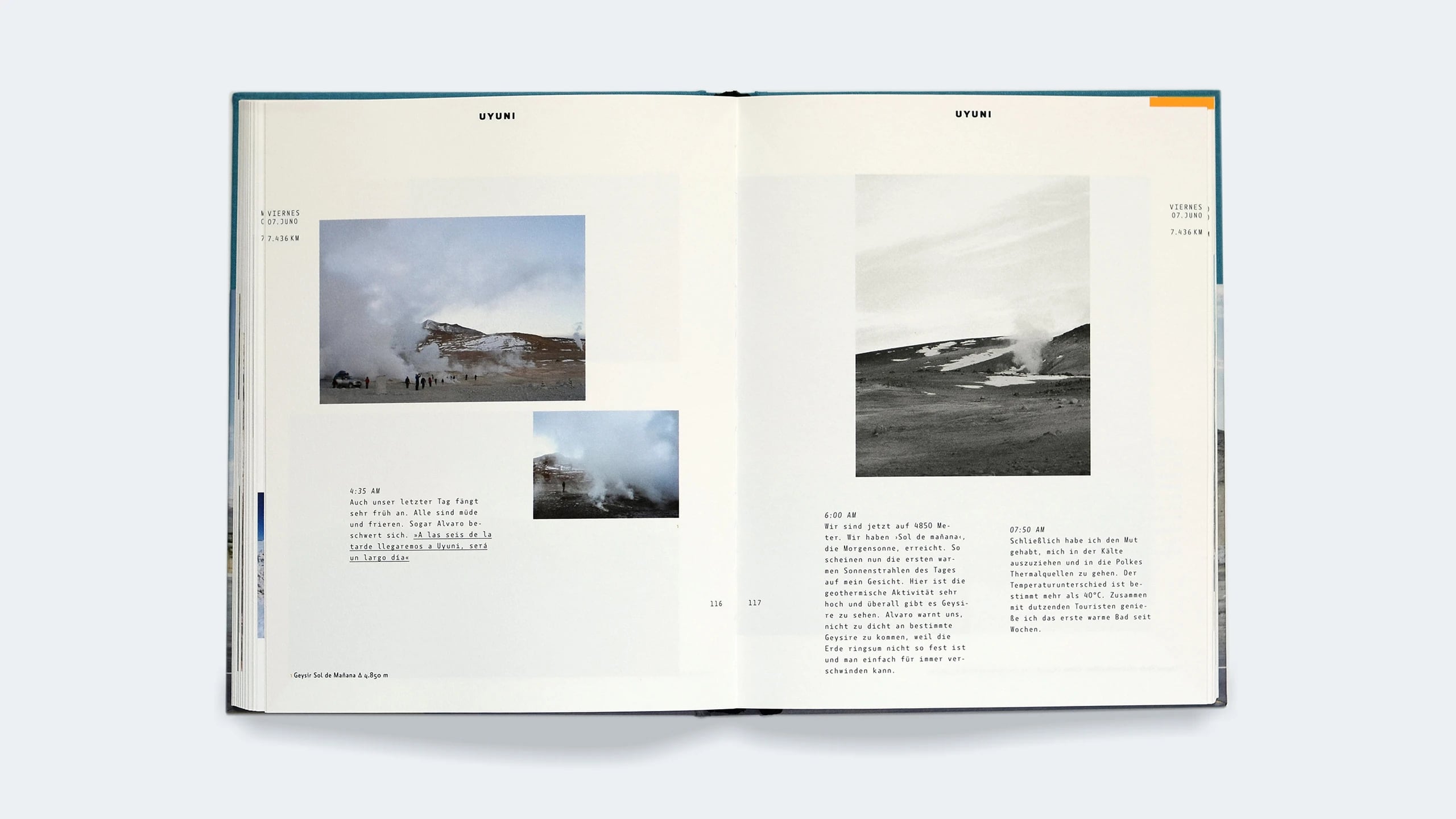 Open spread on Uyuni showing geysers steaming at altitude, one photograph in colour and one in black and white