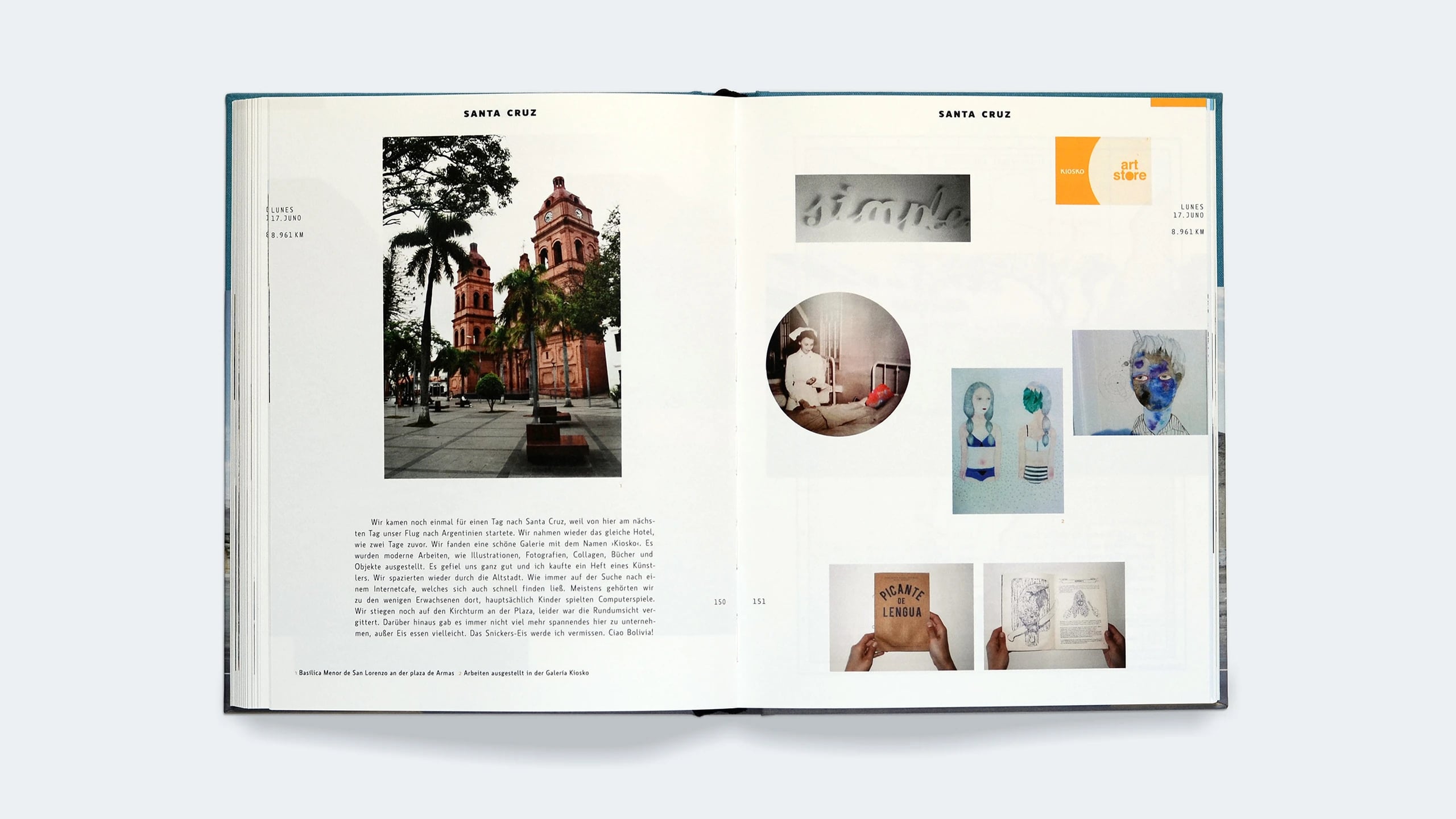 Open spread on Santa Cruz, a photograph of the cathedral facing a grid of artworks seen in a local gallery