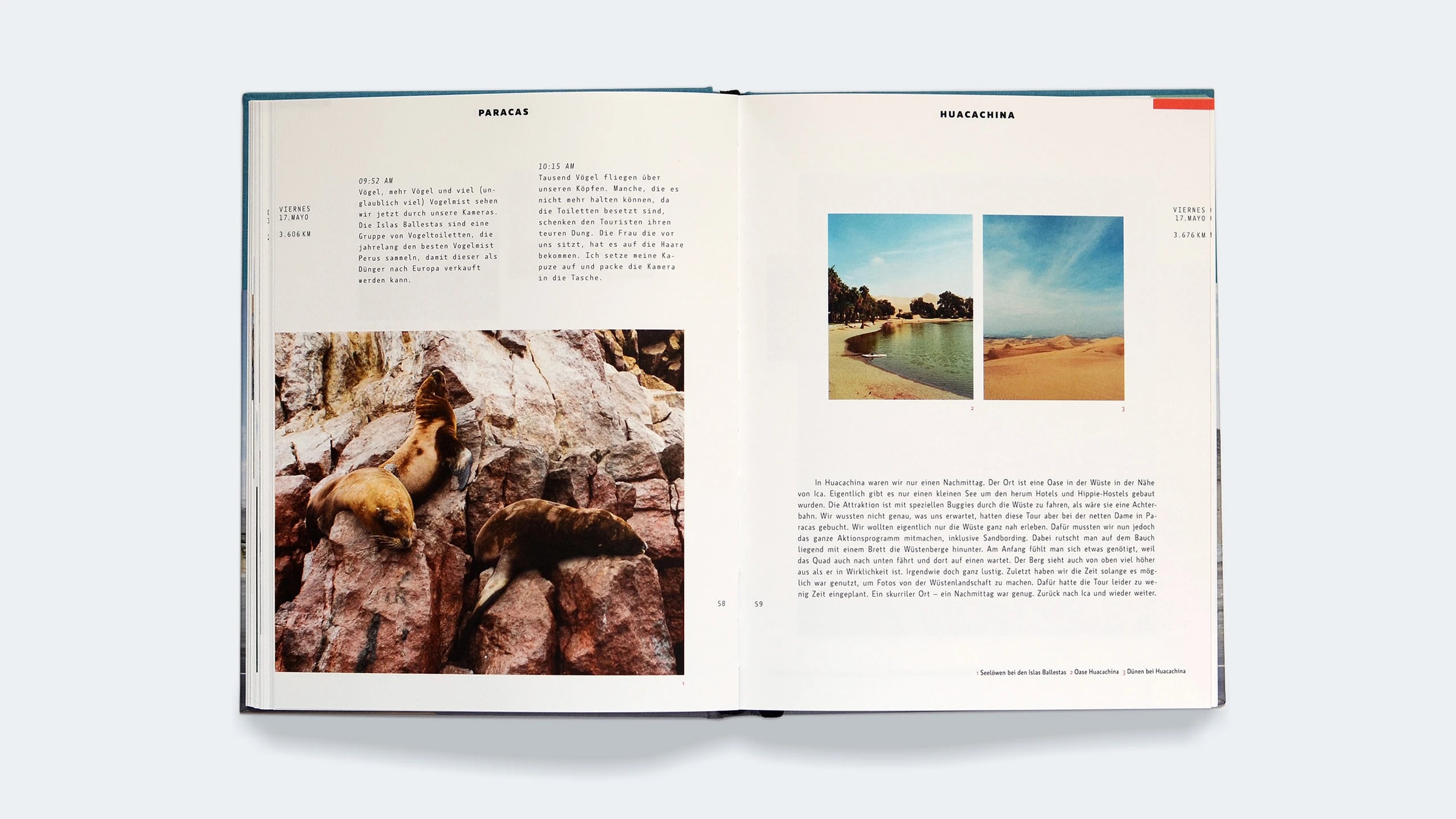 Open spread on Paracas and Huacachina, with sea lions on the rocks facing two photographs of the desert oasis