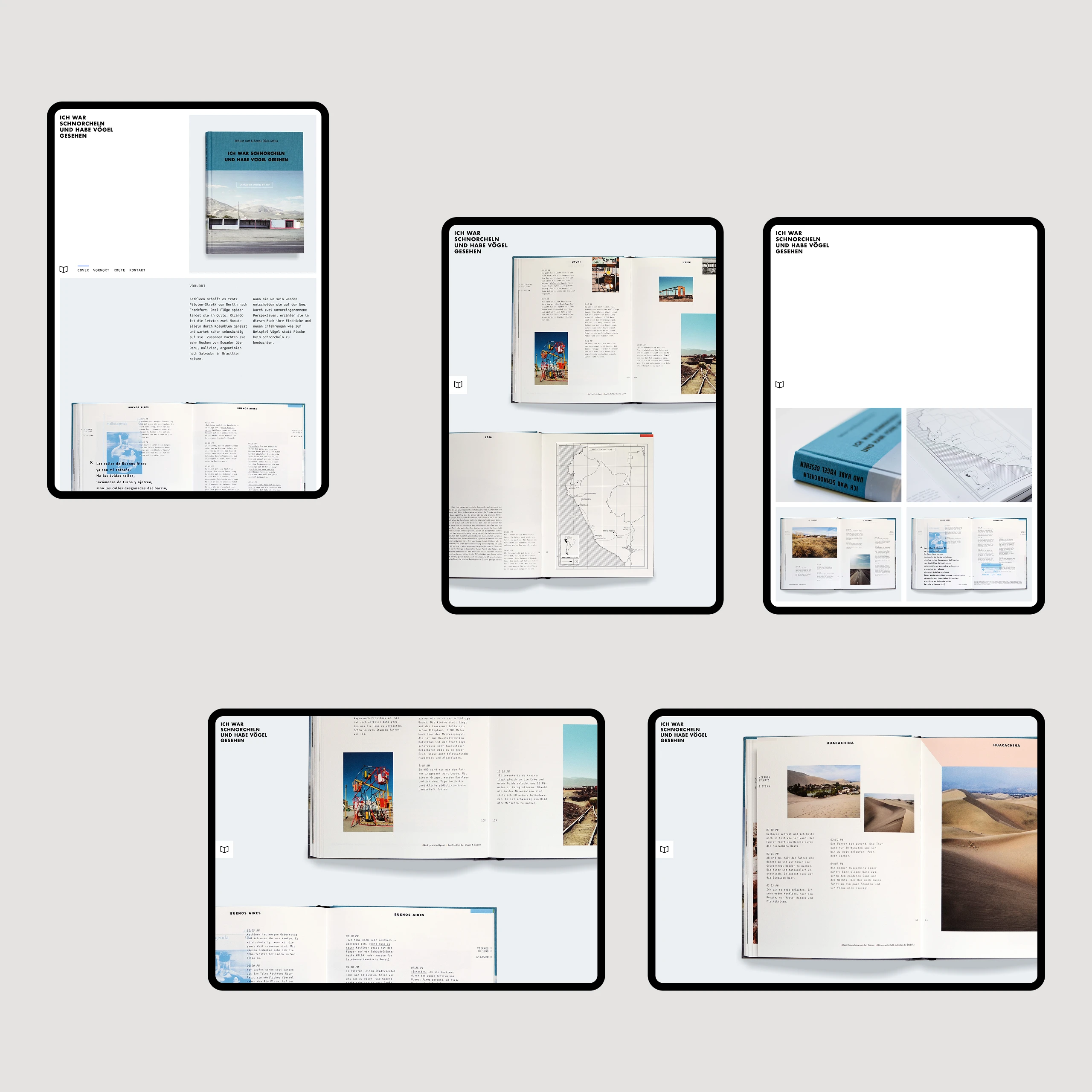 Five pages of the book's website on tablets, showing the cover, sample spreads, the route map and the printed edition