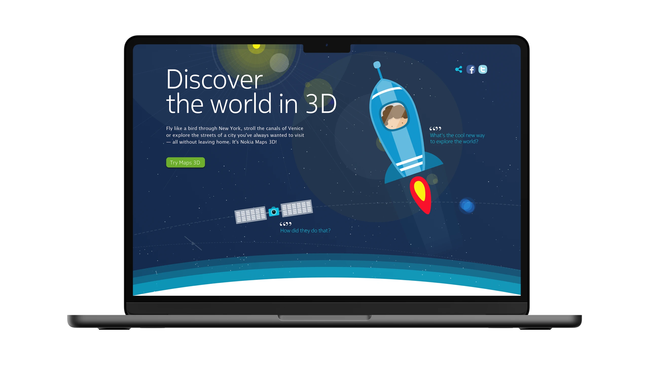 The Discover the world in 3D landing page for Nokia Maps 3D open on a laptop, a squircle character piloting a rocket across a night sky