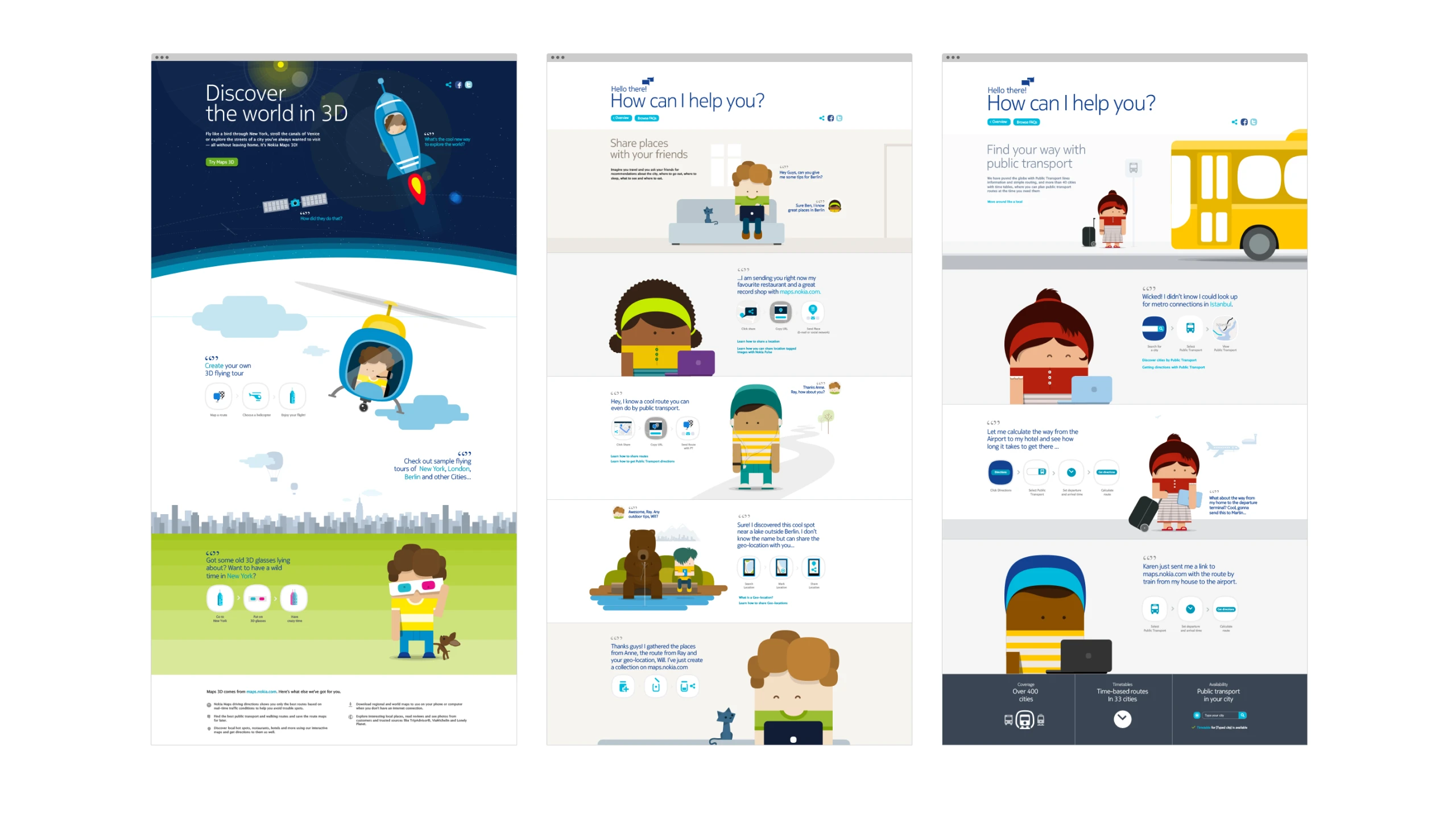 Three full Nokia Maps landing pages side by side: Discover the world in 3D, sharing places with friends, and finding your way by public transport