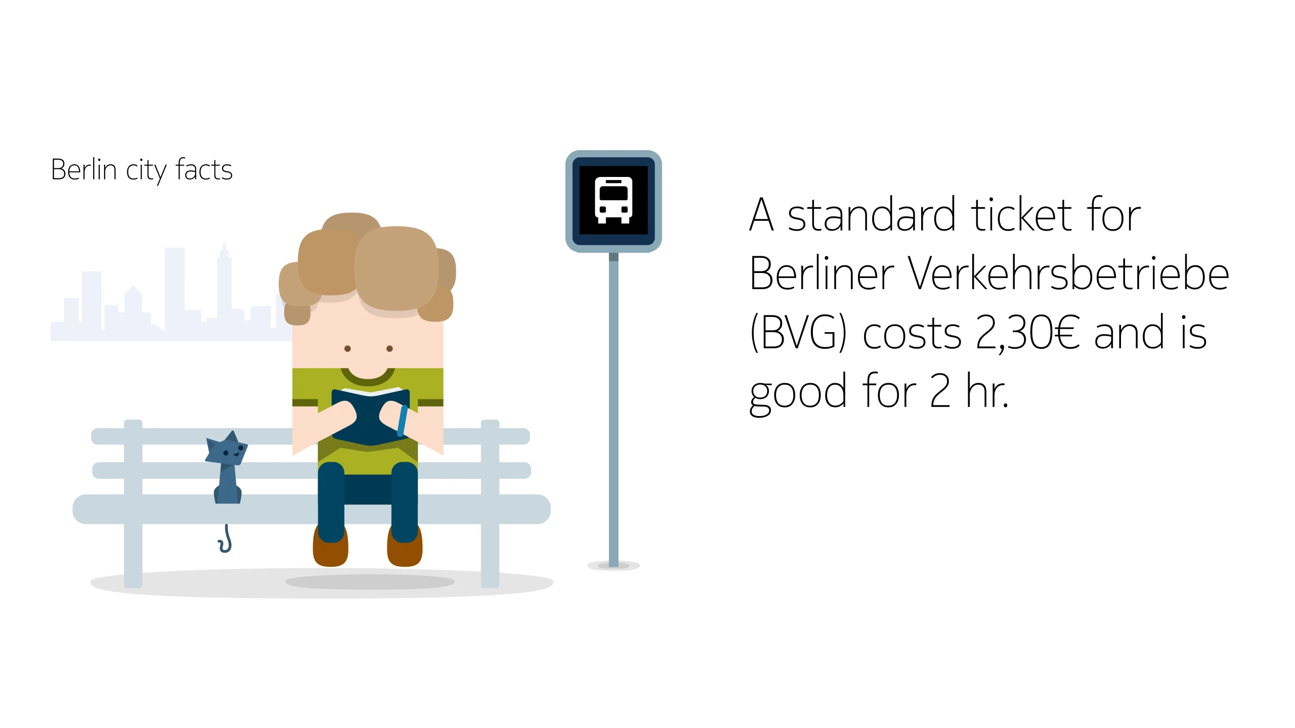 A Berlin city fact illustration: a character reading on a bench beside a bus stop, next to the note that a BVG standard ticket costs 2,30 euro and lasts two hours