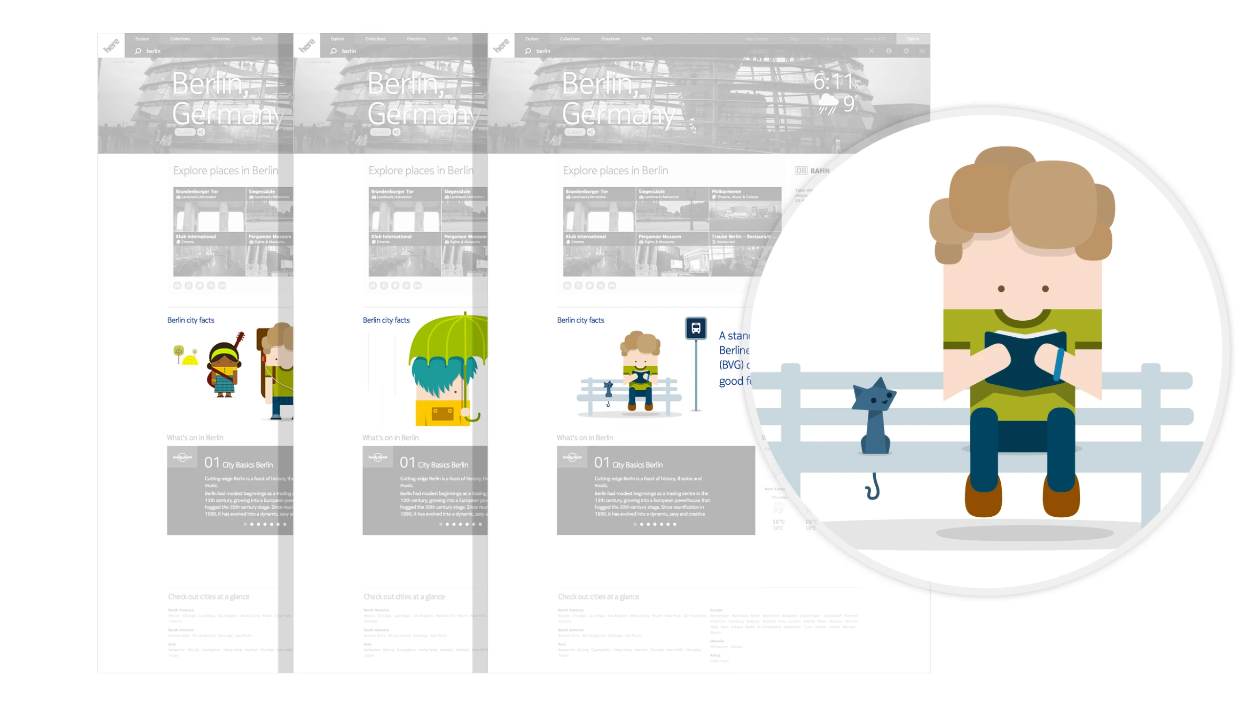 Three greyed-out Nokia Maps City Pages for Berlin, with one city fact illustration magnified out of the page