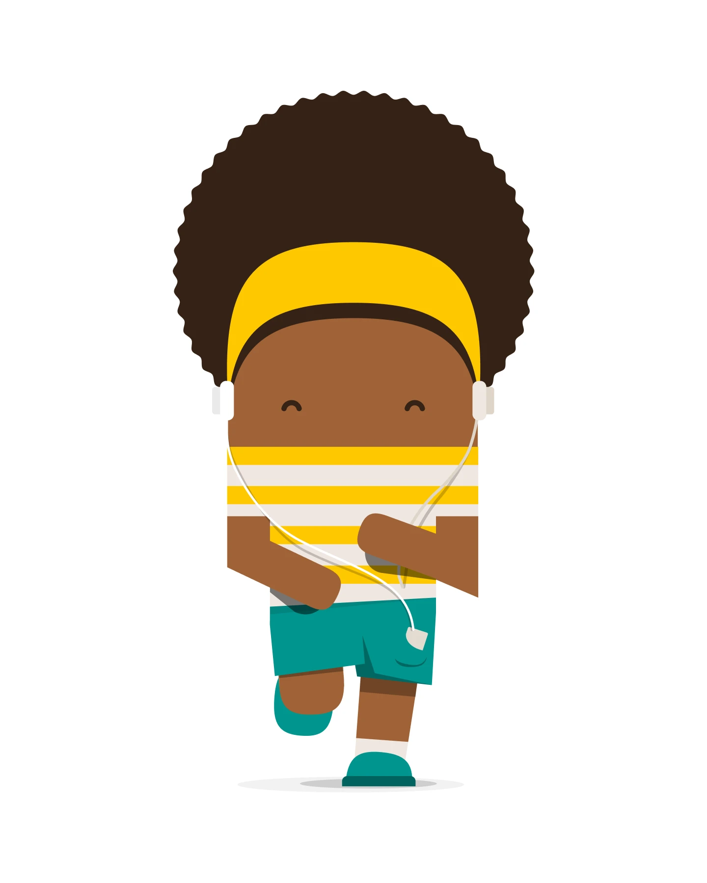 A squircle character jogging in a yellow headband and striped vest, white earphones trailing from their ears