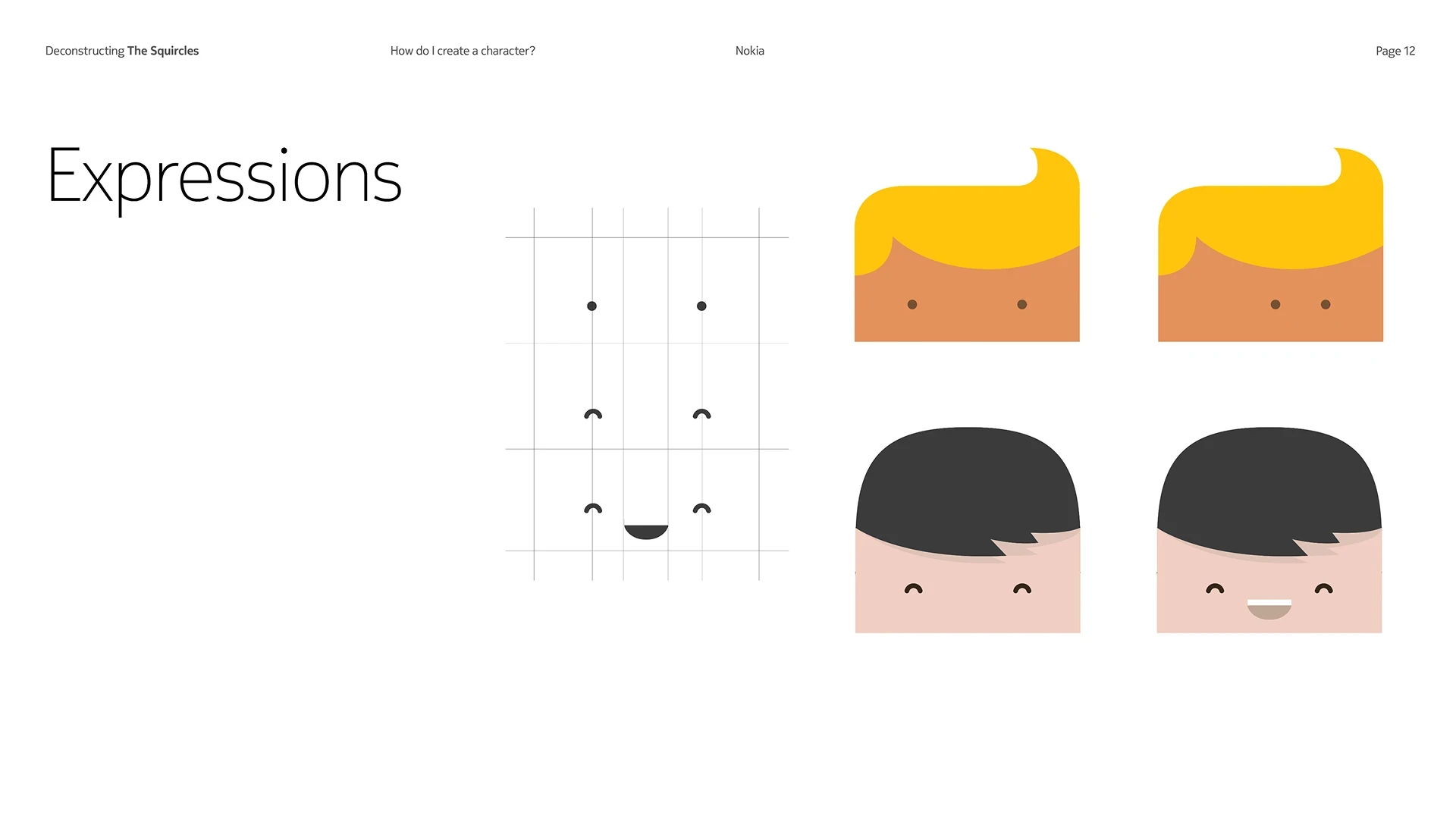 Expressions page from the guidelines, showing the eye and mouth grid and four faces built from it