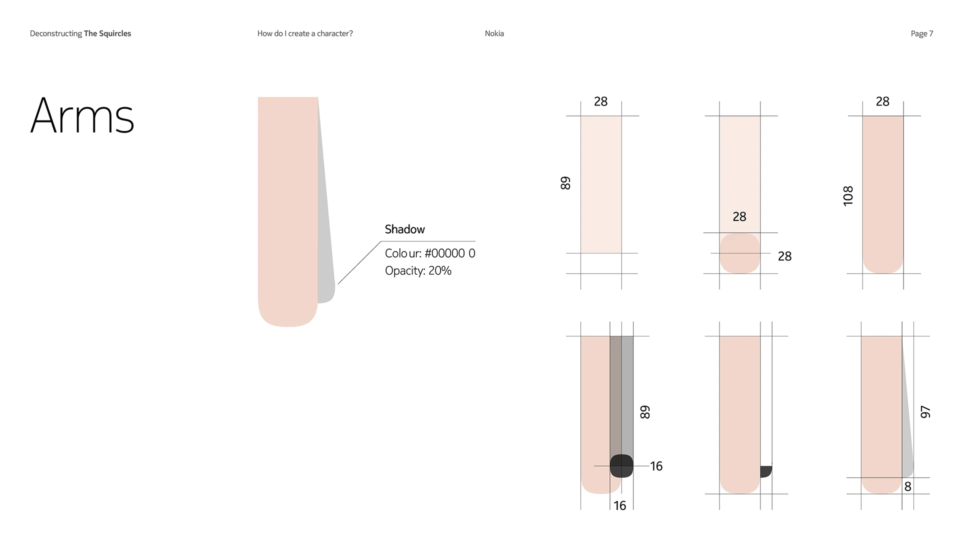 Arms page from the guidelines, specifying arm dimensions, the twenty per cent black shadow, and six arm positions
