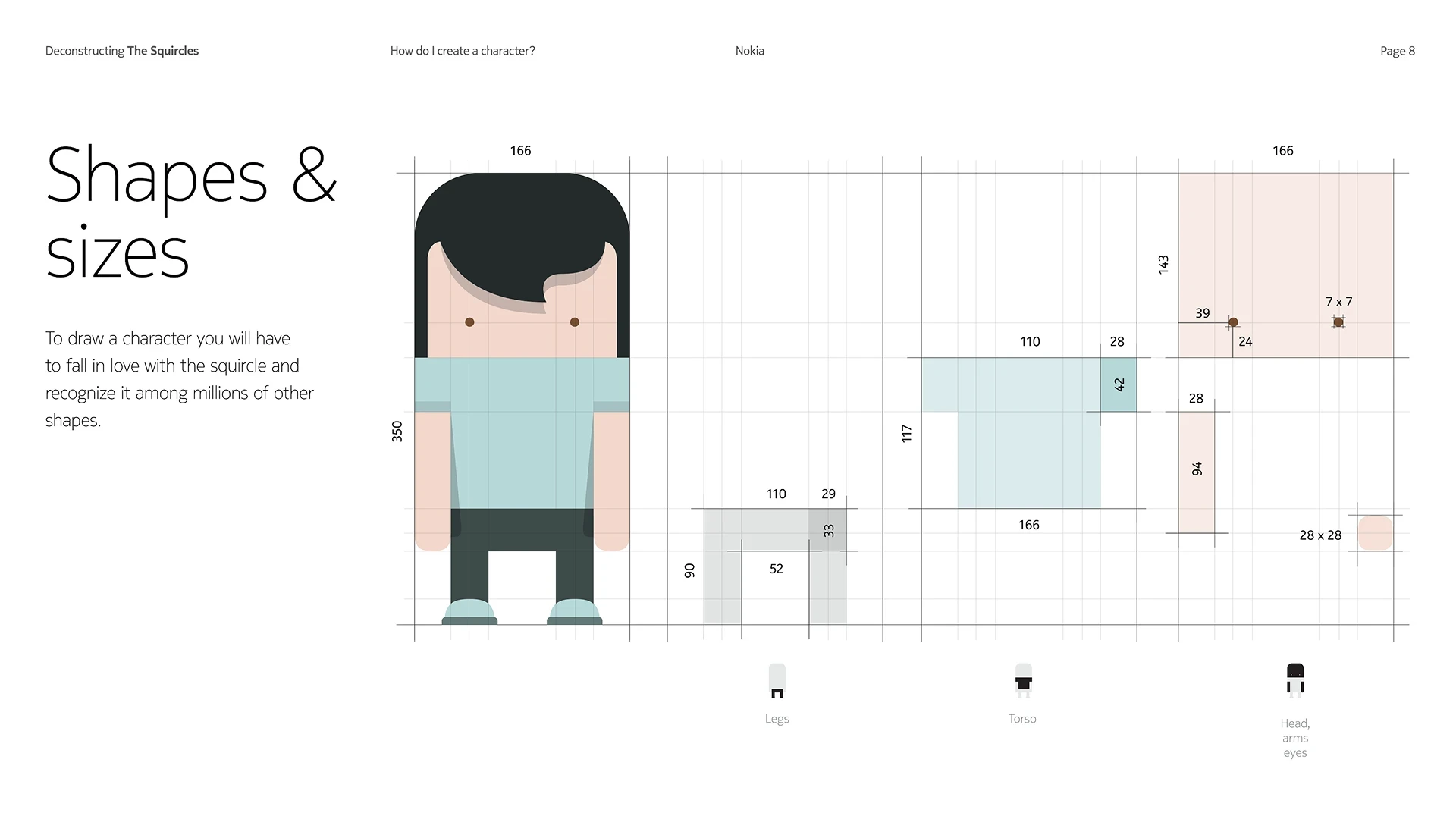Shapes and sizes page from the guidelines, with a character dimensioned in pixels and its legs, torso and head broken out separately