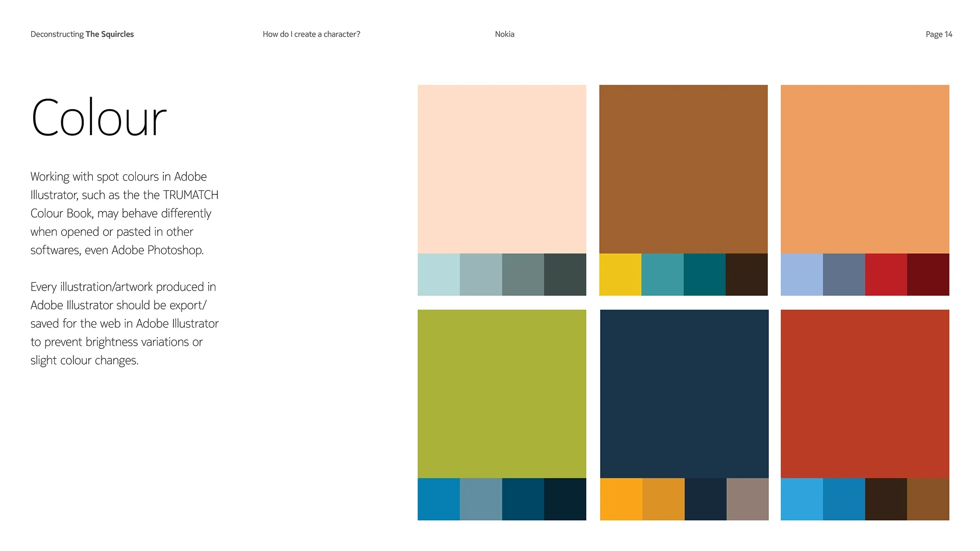 Colour page from the guidelines, with six palette blocks pairing a dominant spot colour with its supporting swatches