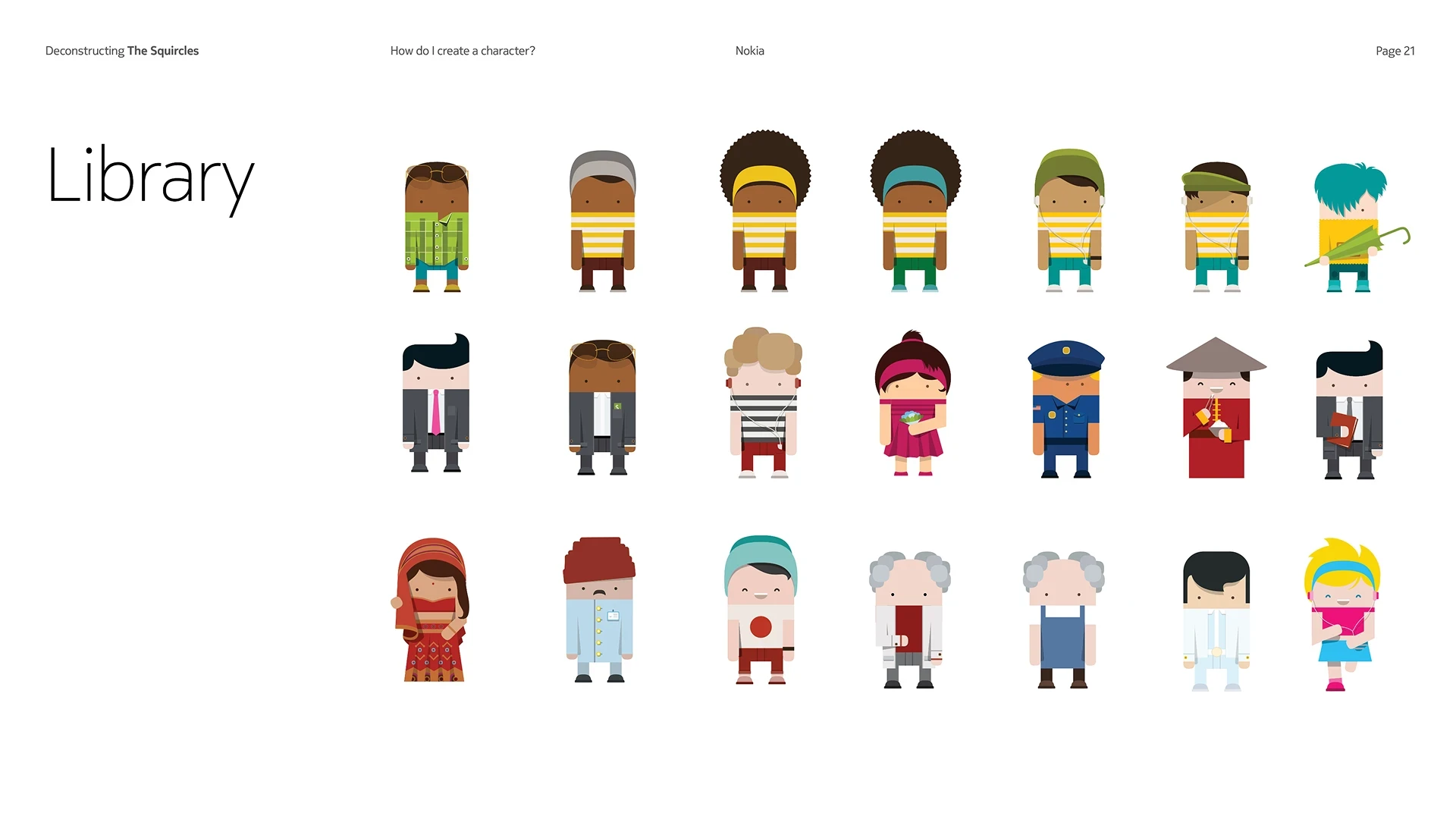 Library page from the guidelines, showing twenty-one characters spanning different ages, professions and cultures