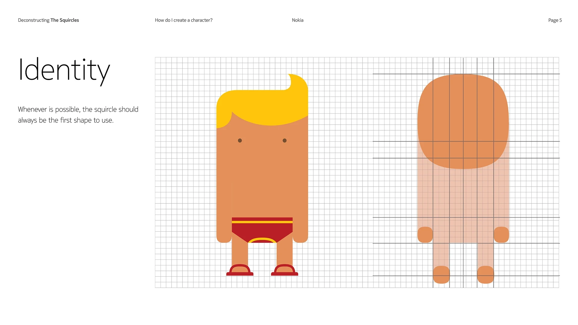 Identity page from the Deconstructing The Squircles guidelines, showing a character over its construction grid beside the squircle it is built from
