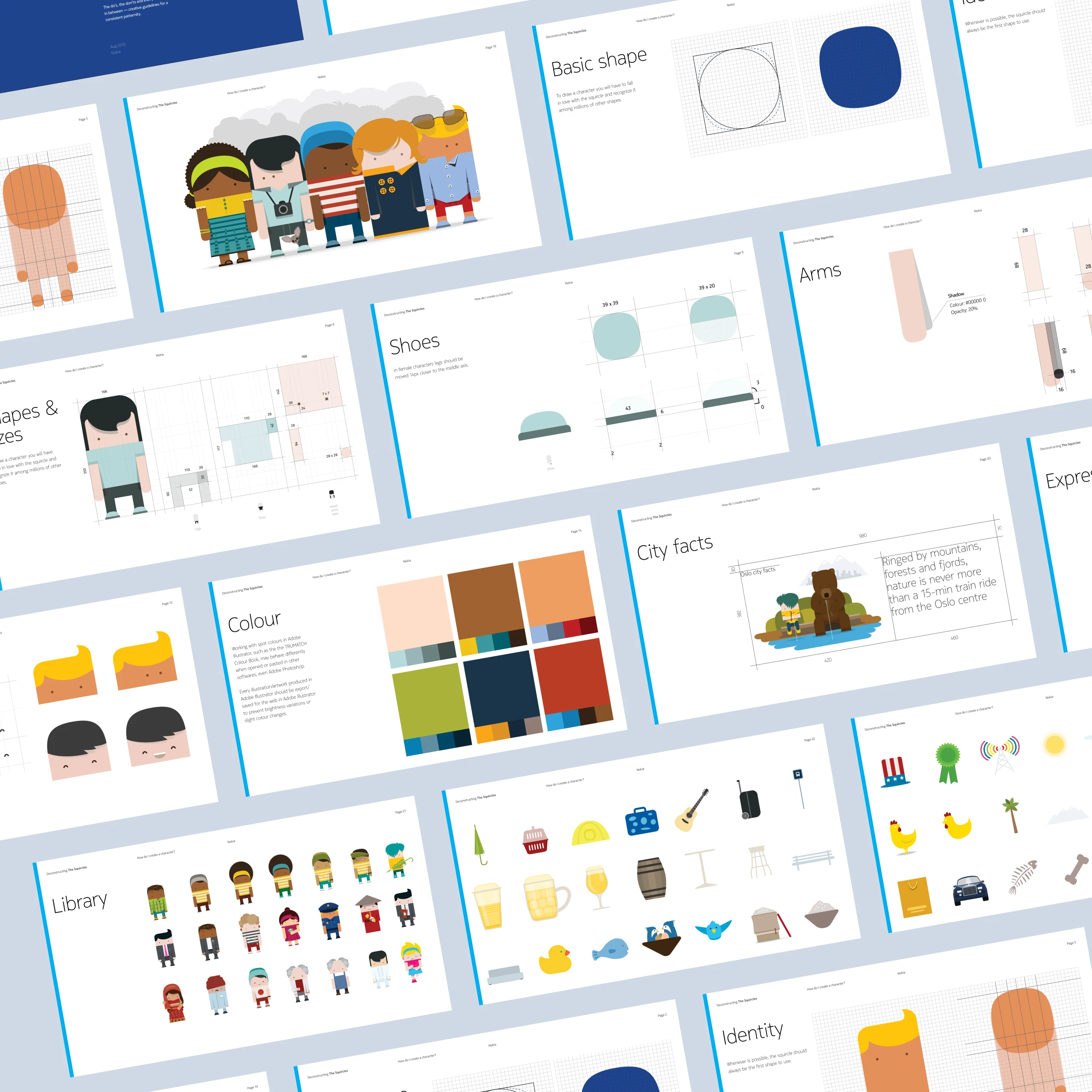 The Deconstructing The Squircles guidelines laid out as overlapping spreads: basic shape, shoes, arms, colour, city facts, library and identity