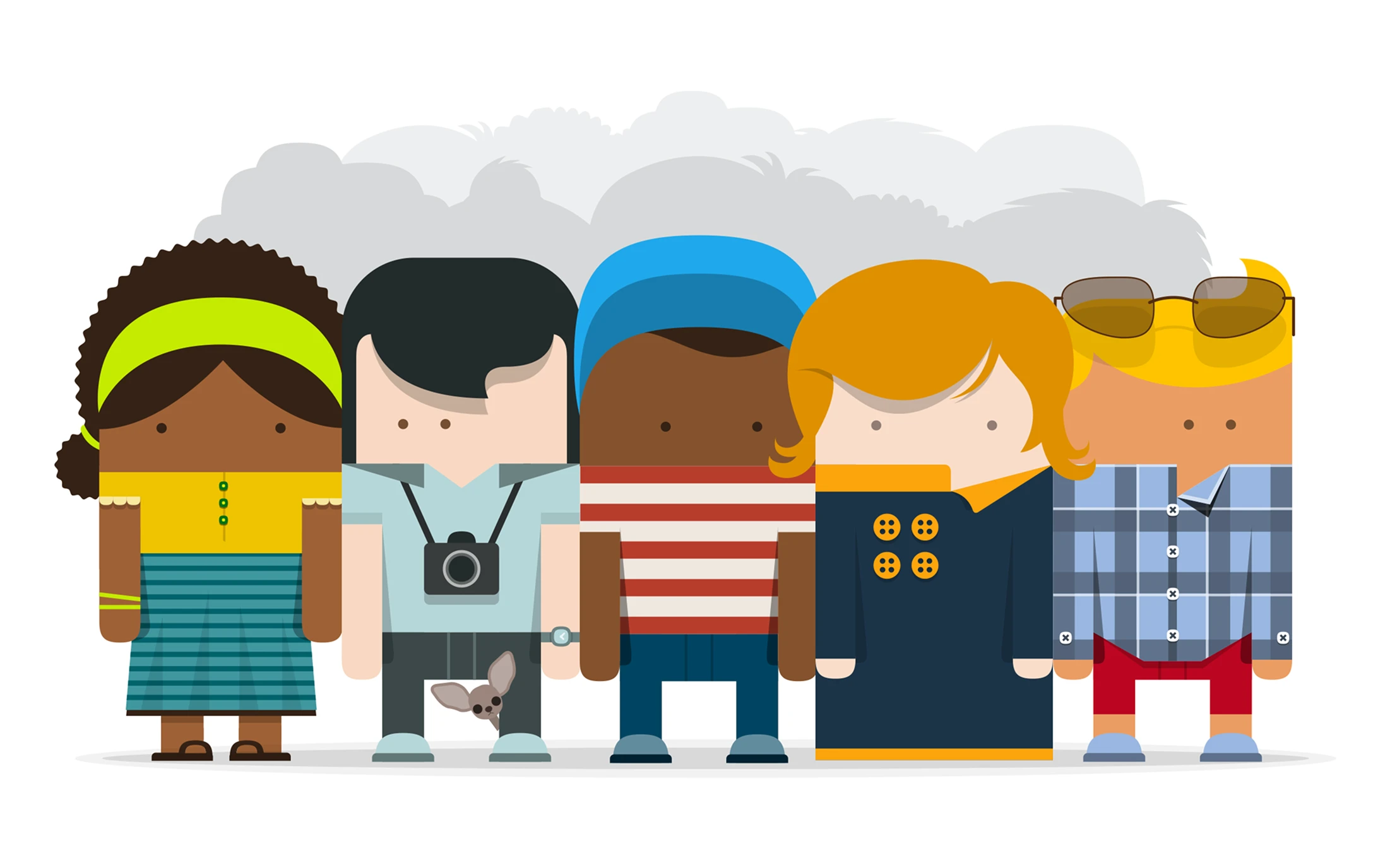 Five finished squircle characters standing in a row in front of a grey cloud, each with a different hairstyle, outfit and accessory