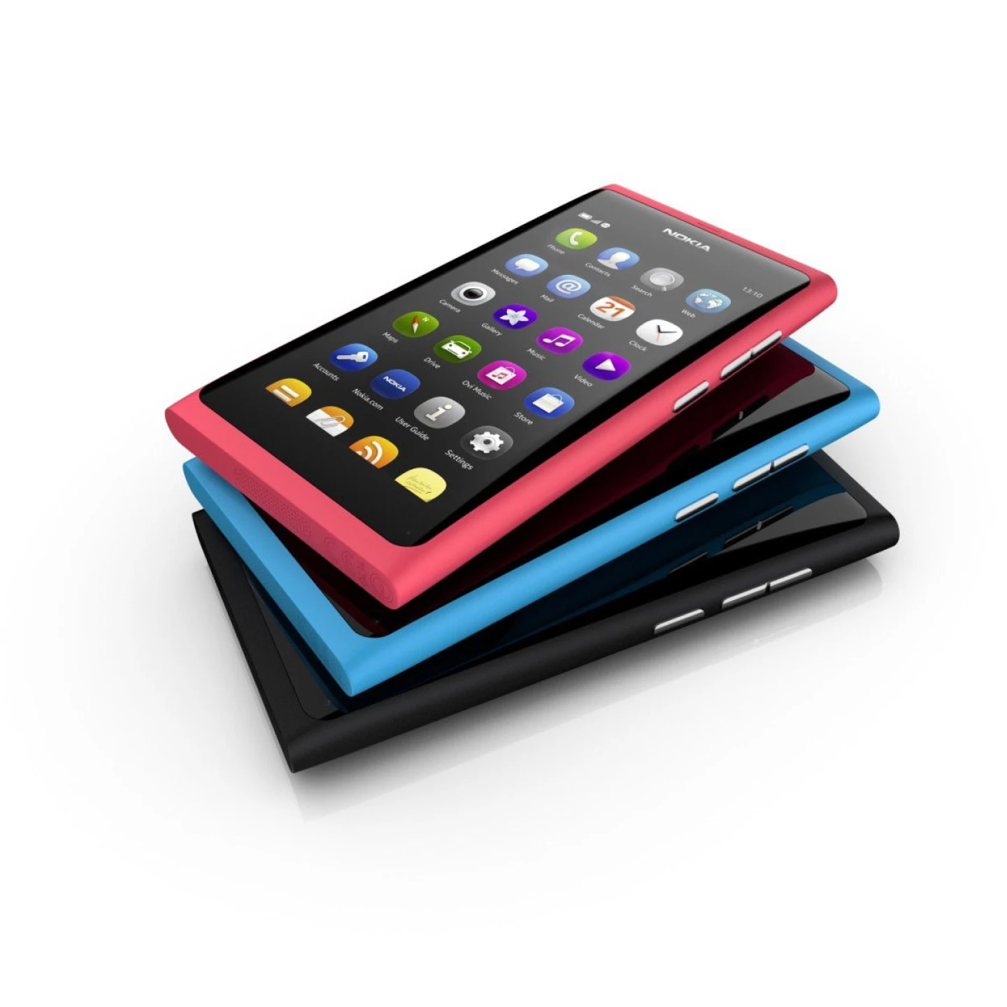 Three stacked Nokia N9 handsets in magenta, cyan and black, the home screen showing the squircle app icon grid