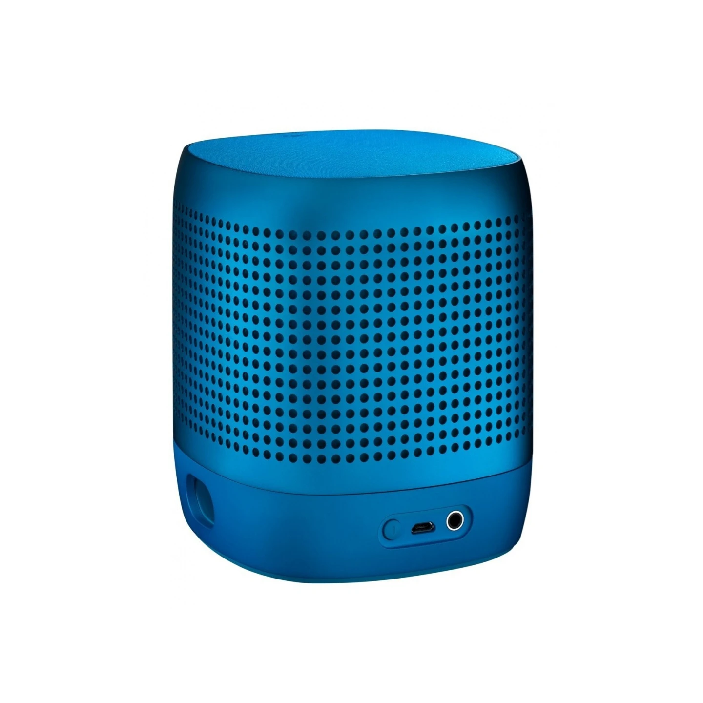 The blue Nokia Play 360 Bluetooth speaker, a perforated cylinder with a squircle footprint