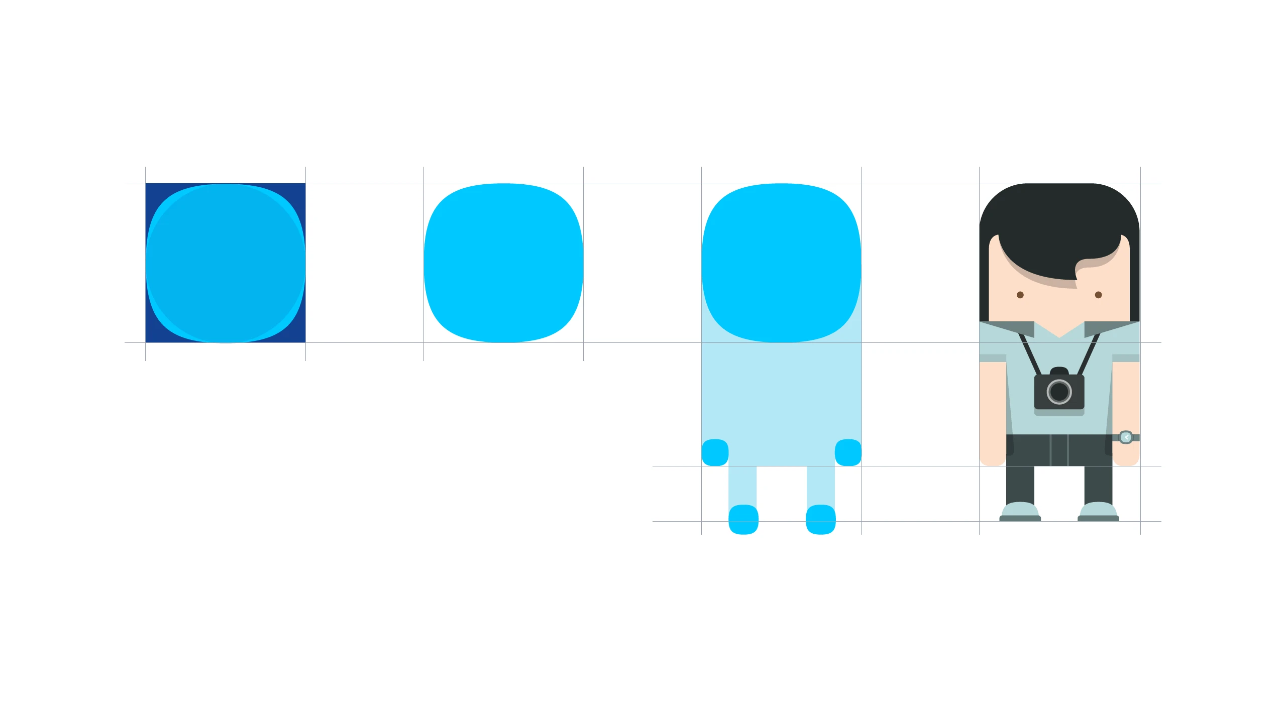 Four-step construction diagram deriving a character from the Nokia squircle: the icon shape, the squircle alone, the body and limbs blocked out, and the finished figure with camera