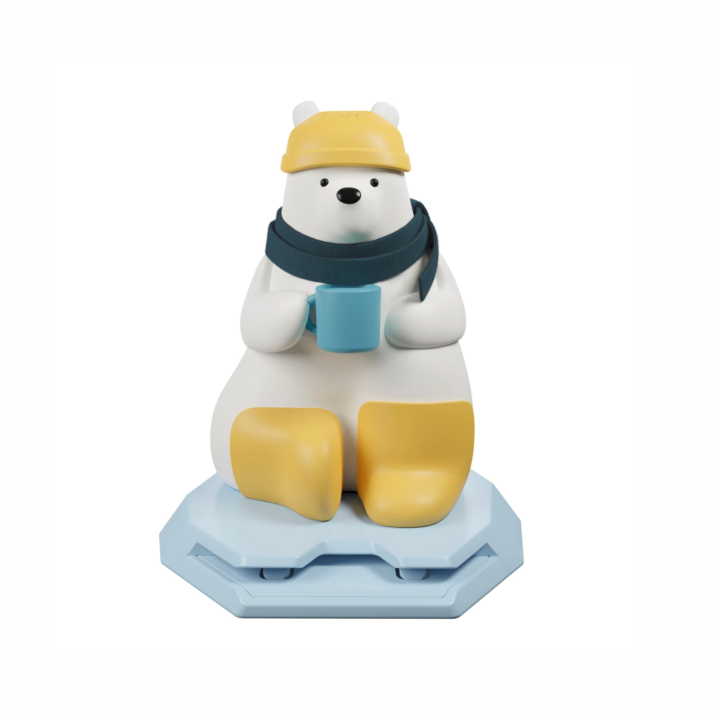 The finished Sami Lesebar figure: a polar bear in a yellow cap, navy scarf and yellow boots, holding a blue mug on a pale blue ice base