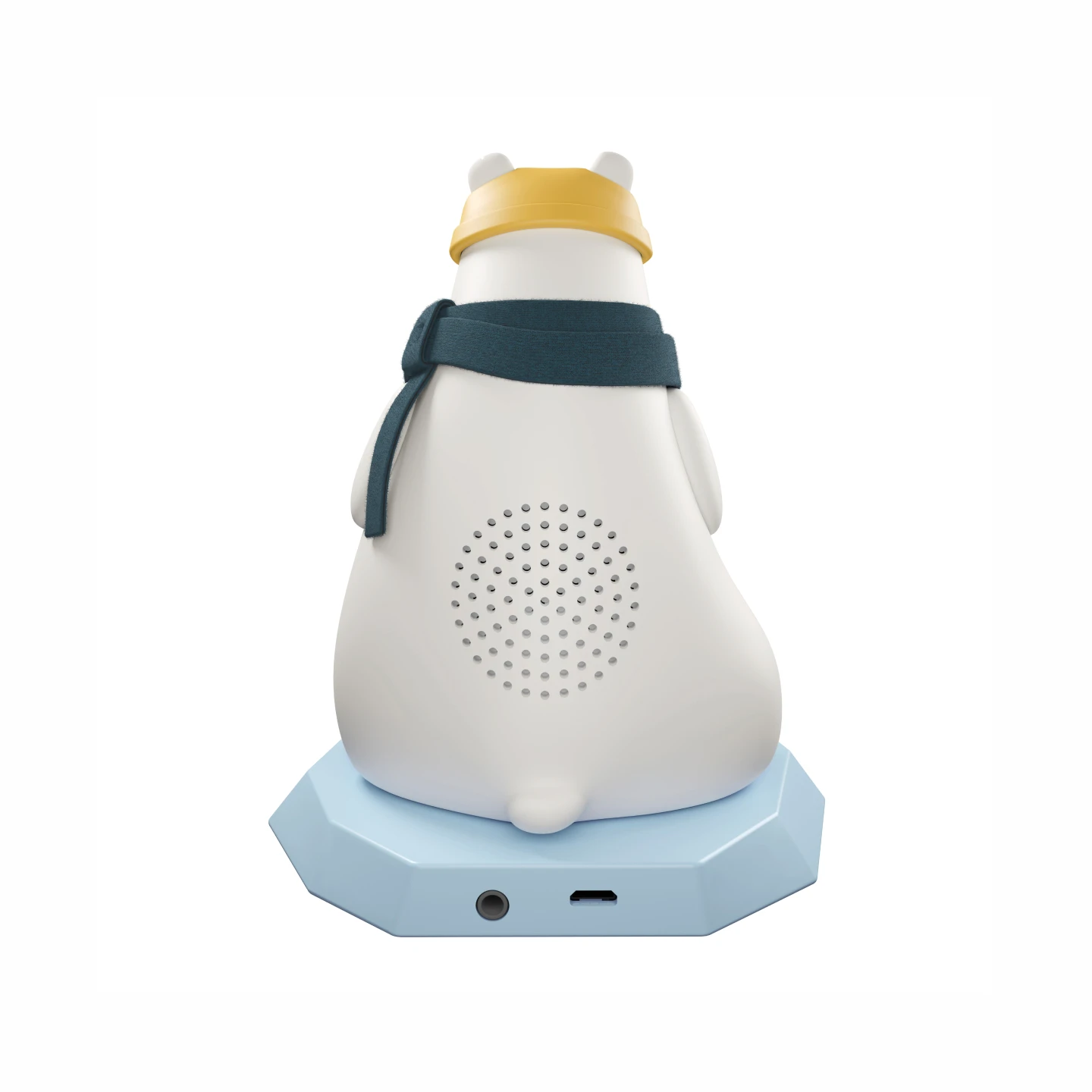 The finished figure seen from behind, the speaker grille in its back and the headphone and micro USB ports in the base