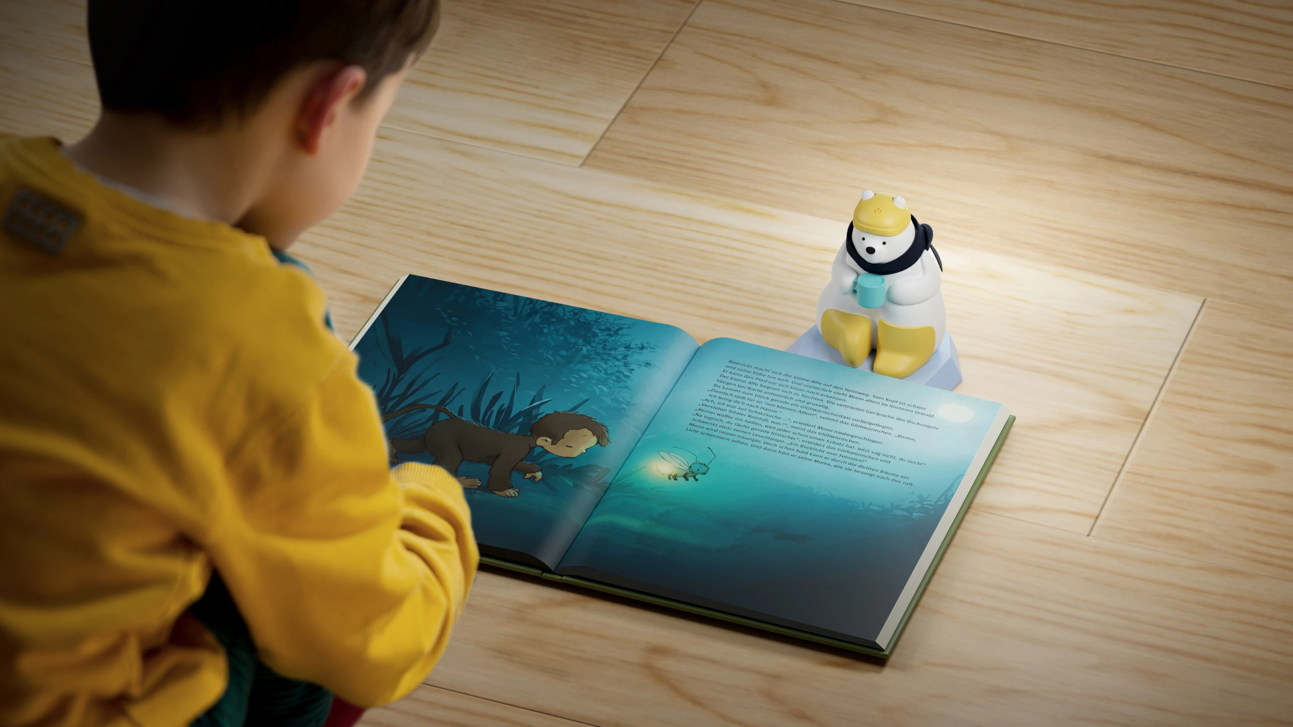 A child lying on the floor reading a picture book with the Sami Lesebar perched on the far page
