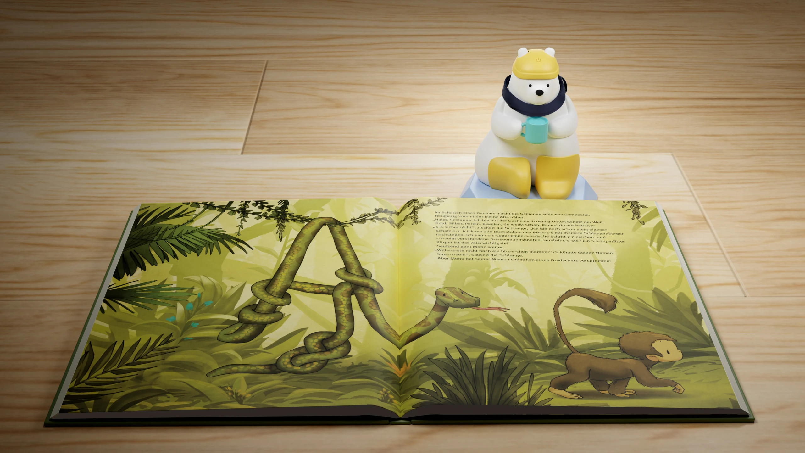 The Sami Lesebar sitting behind an open picture book, a jungle spread with a snake curled into a letter A