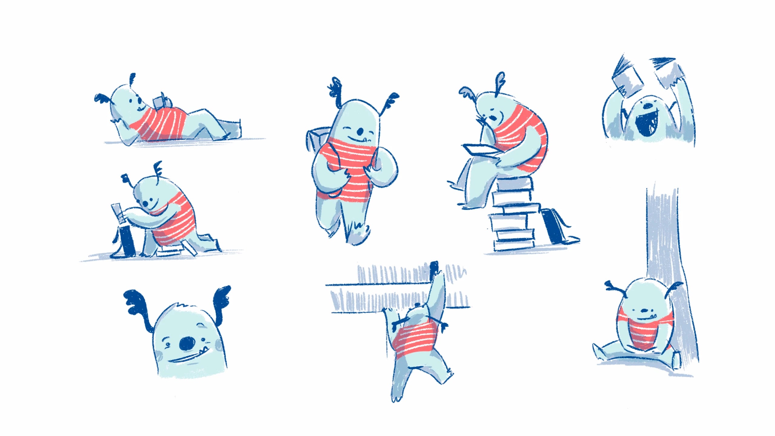 Nine pitch sketches of Kit reading: sprawled on the ground, perched on a book stack, swinging from a shelf and leaning against a tree