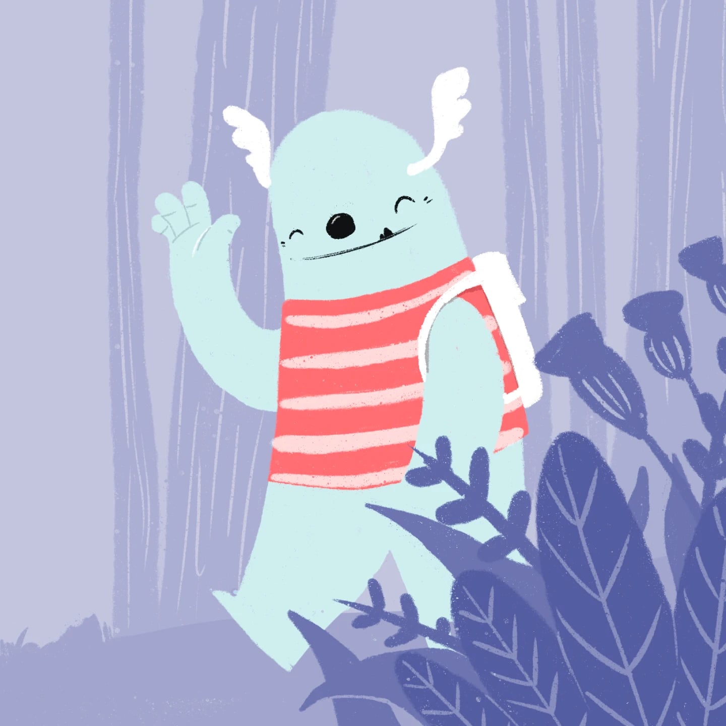 Pitch illustration of Kit the friendly monster waving from a violet forest, antlers up and red-striped vest on