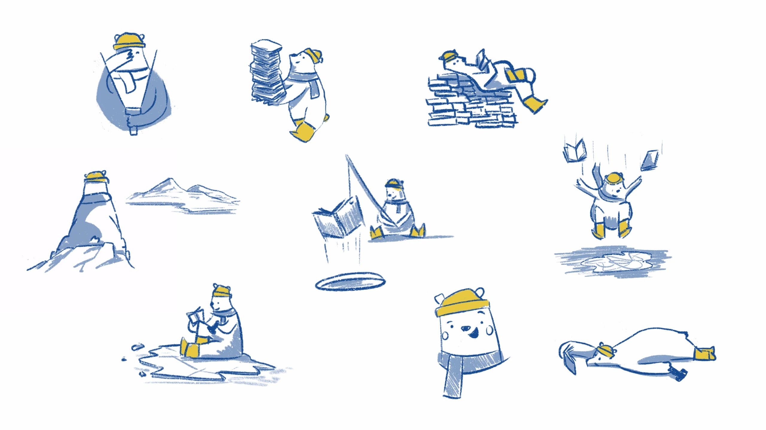 Ten pitch sketches of Milo: carrying a stack of books, building a wall out of them, fishing through the ice and dozing on his back