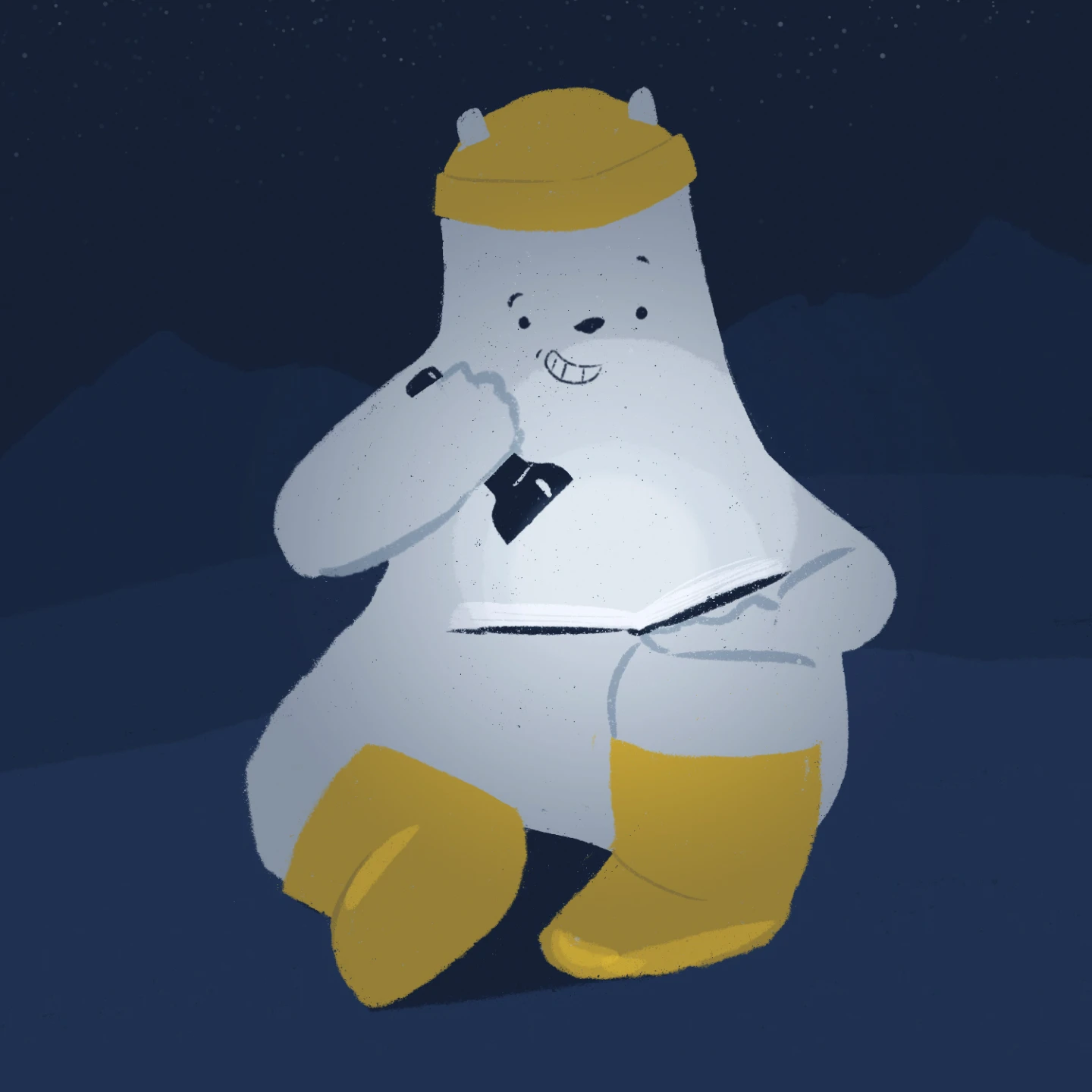 Pitch illustration of Milo the polar bear reading by torchlight at night, in a yellow cap and boots against a starry arctic sky