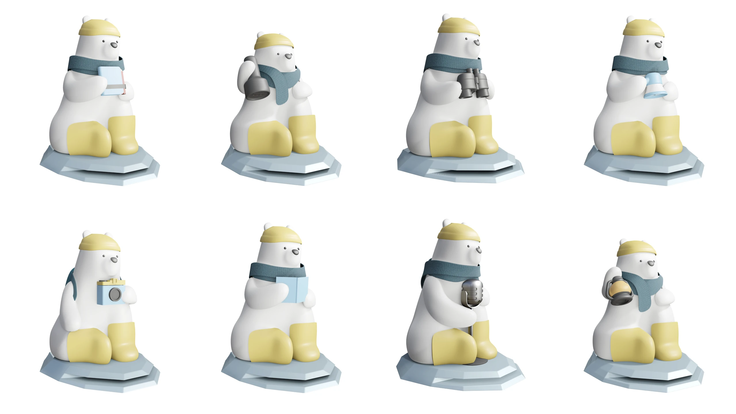 Eight render variants of the Milo figure, each holding a different object: a book, a lamp, binoculars, a bottle, a camera and a mug