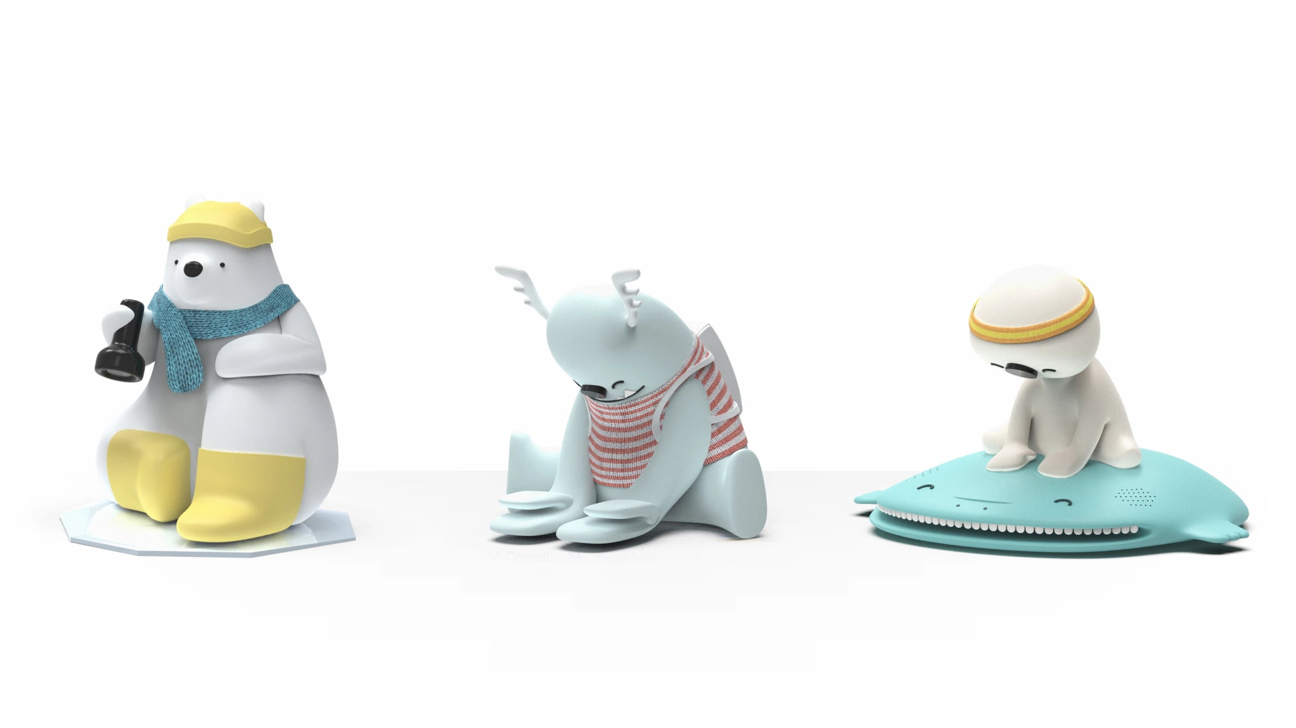 The three finished pitch models side by side: Milo the polar bear, Kit the monster, and Ray riding Maya